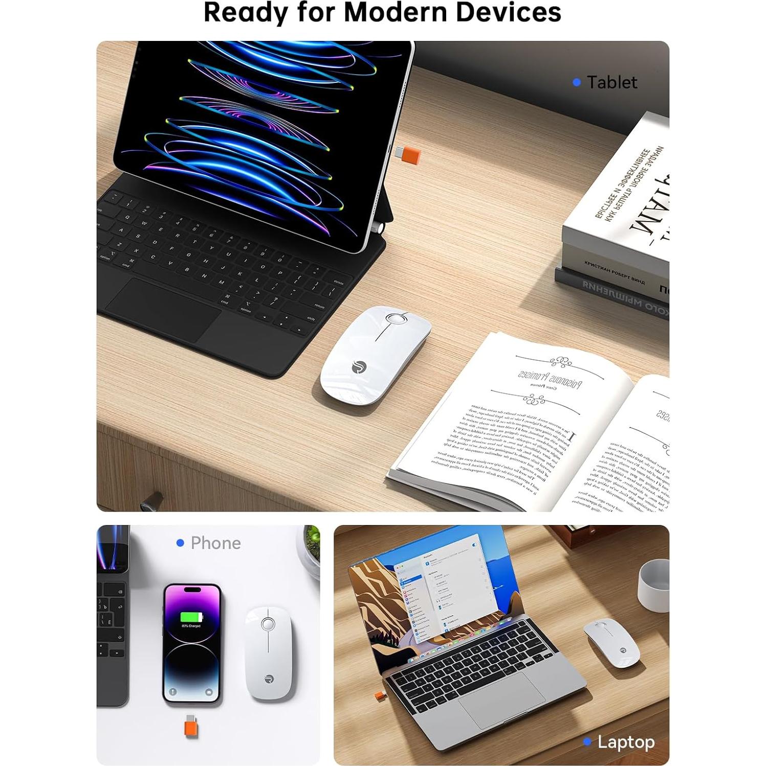 RAPIQUE R306C Ratón Inalámbrico USB-C Blanco, Silencioso, 3 DPI