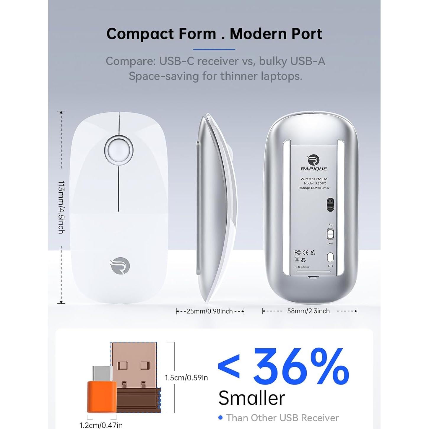 RAPIQUE R306C Ratón Inalámbrico USB-C Blanco, Silencioso, 3 DPI