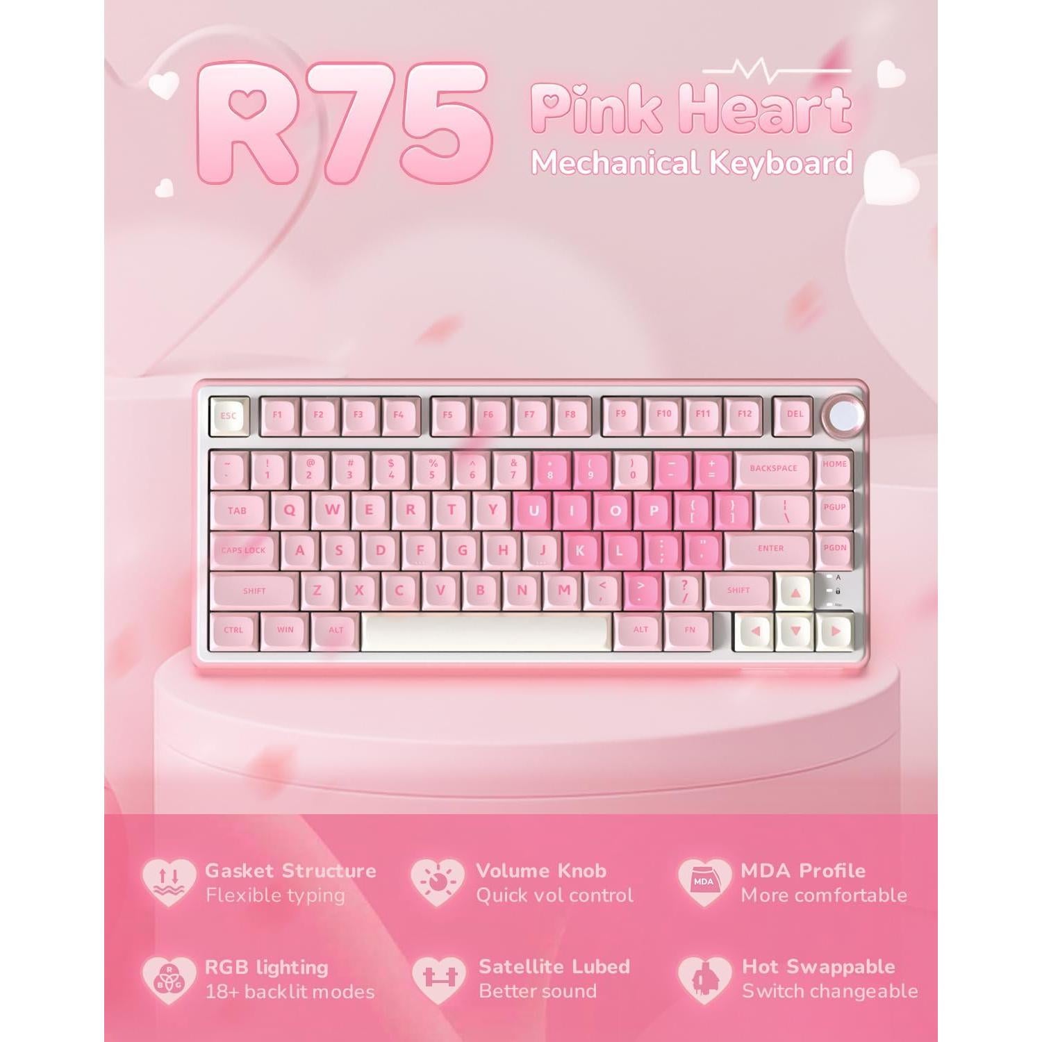 Teclado Mecánico RK Royal Kludge R75 Rosa 75% RGB PBT