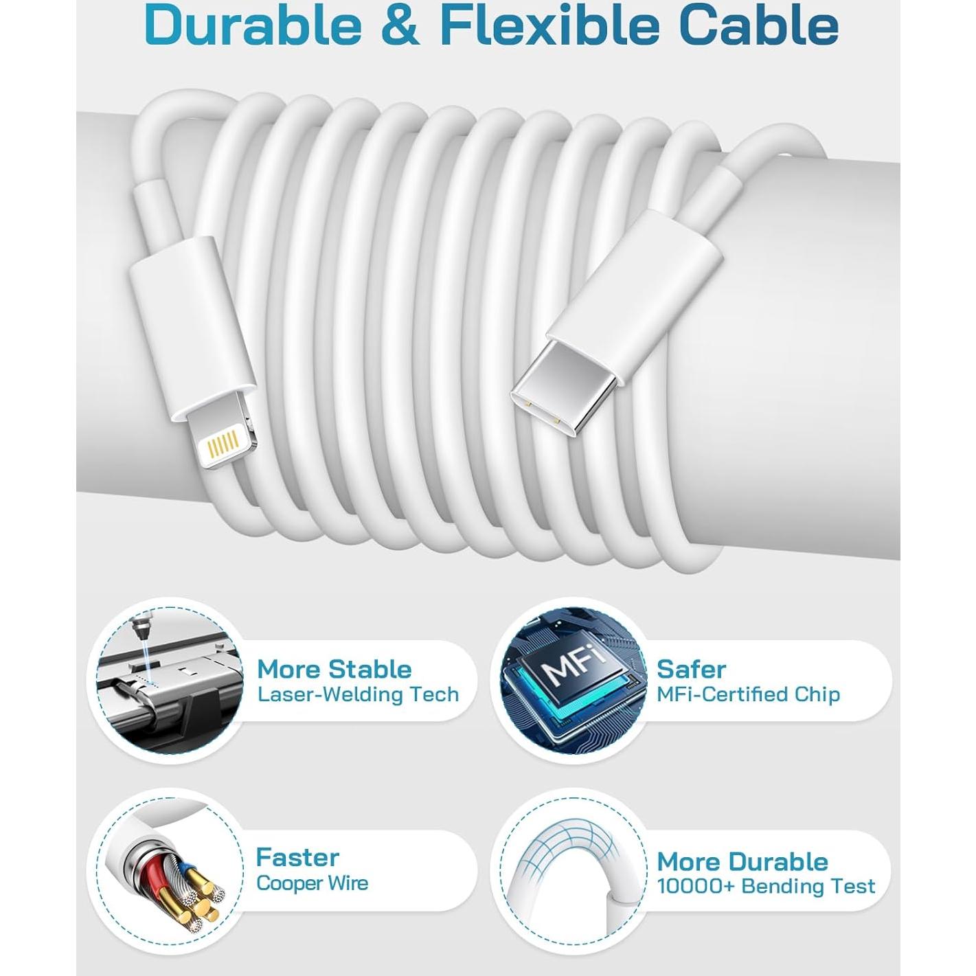 Cargador Rápido 20W USB-C con Cable 182 cm - Paquete de 3