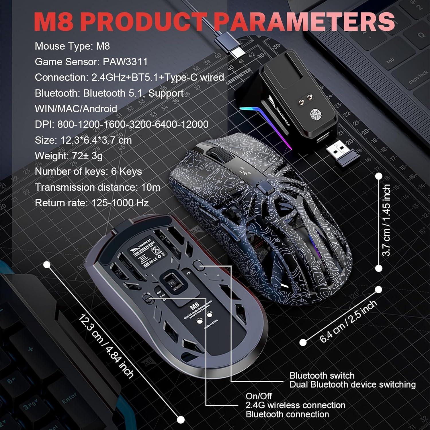 Ratón Gaming M8 Attoe Ultra-Ligero 72g RGB Dock Magnético