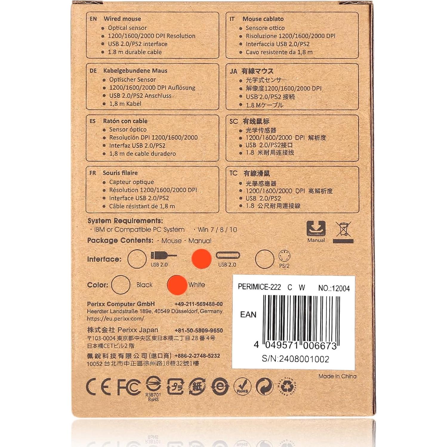 Ratón Óptico USB Perixx PERIMICE-222 Con Cable 1.8m DPI Ajustable