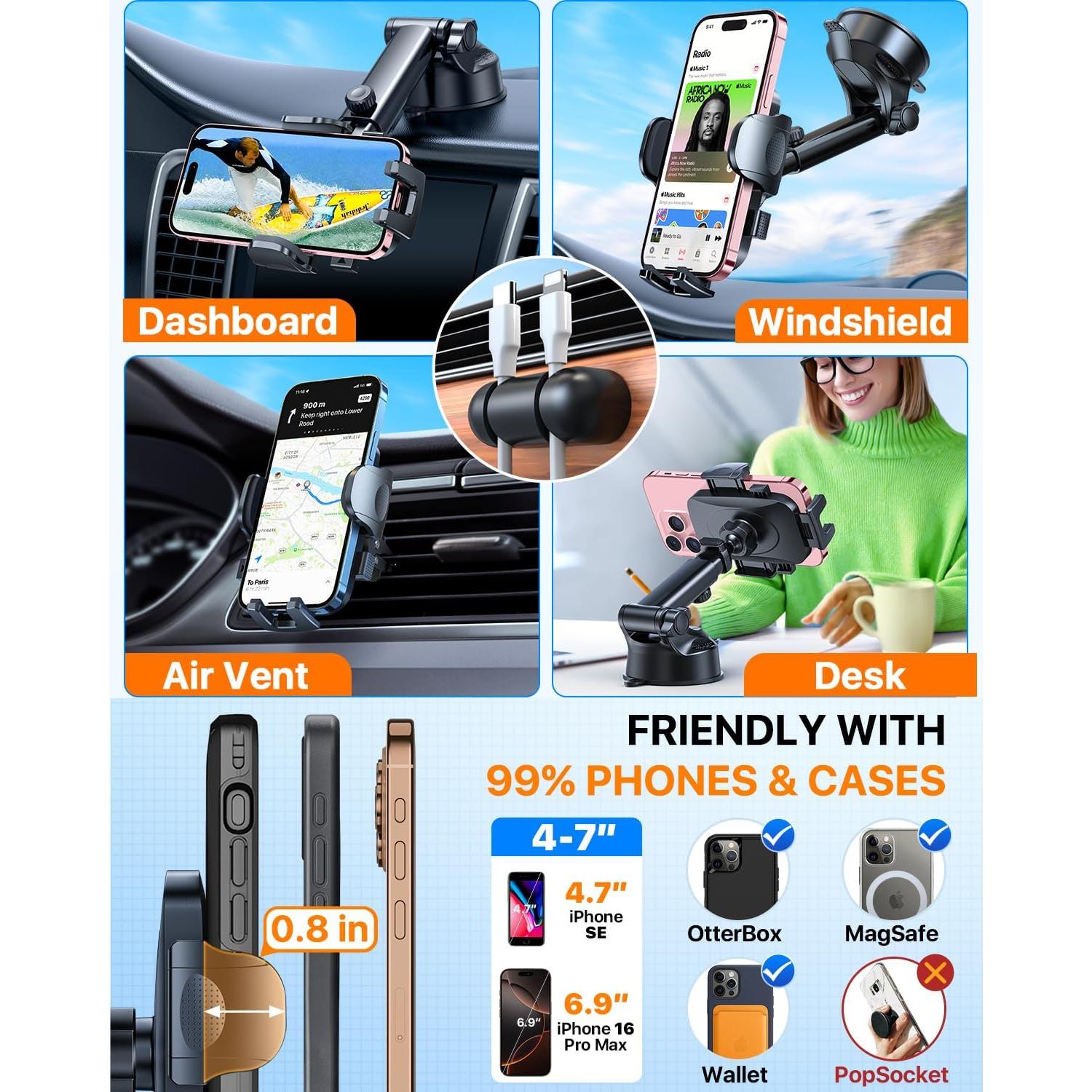 Soporte de Teléfono para Coche HTU 2025 Negro 45kg Antichoque