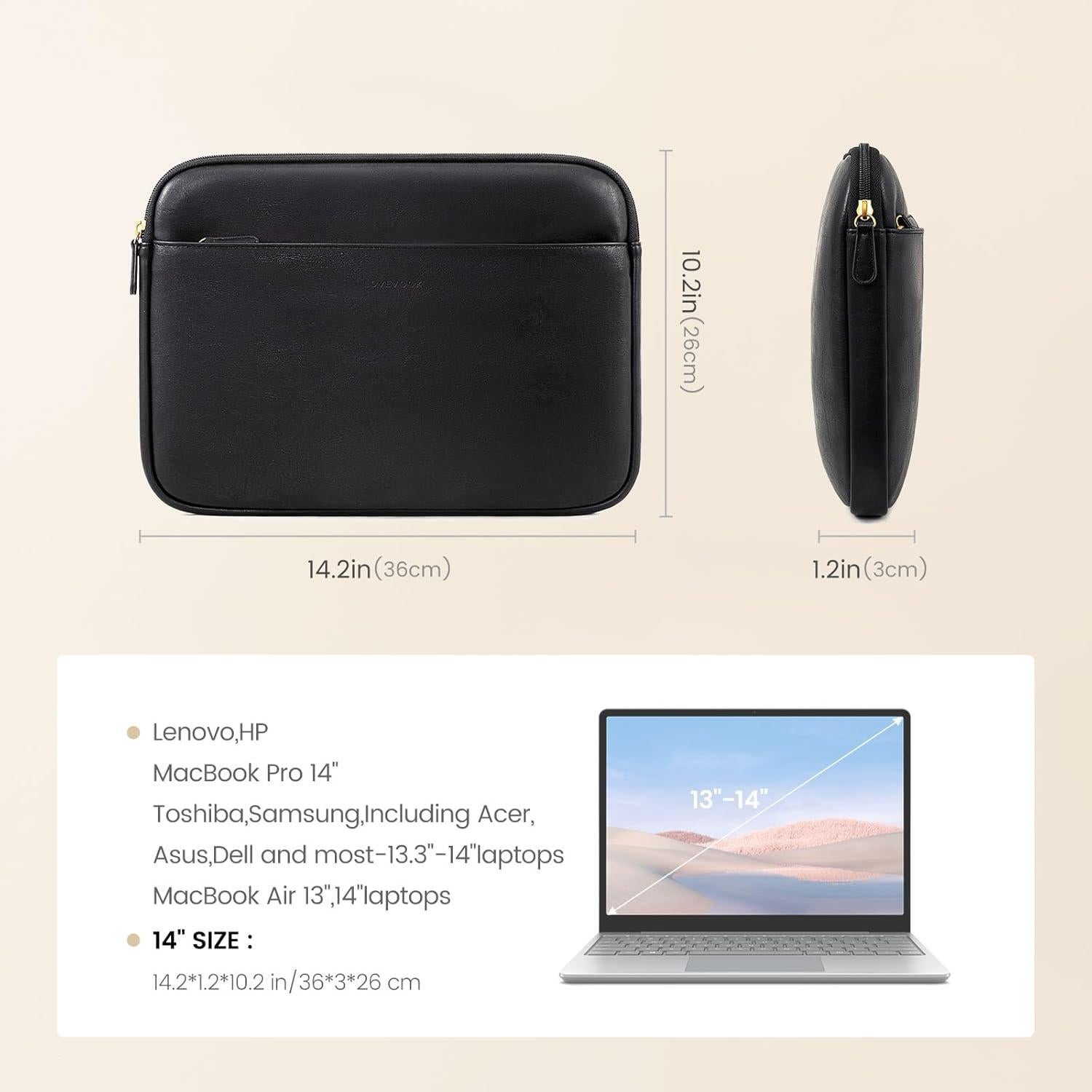 Funda para portátil LOVEVOOK de cuero PU 14 pulgadas negra