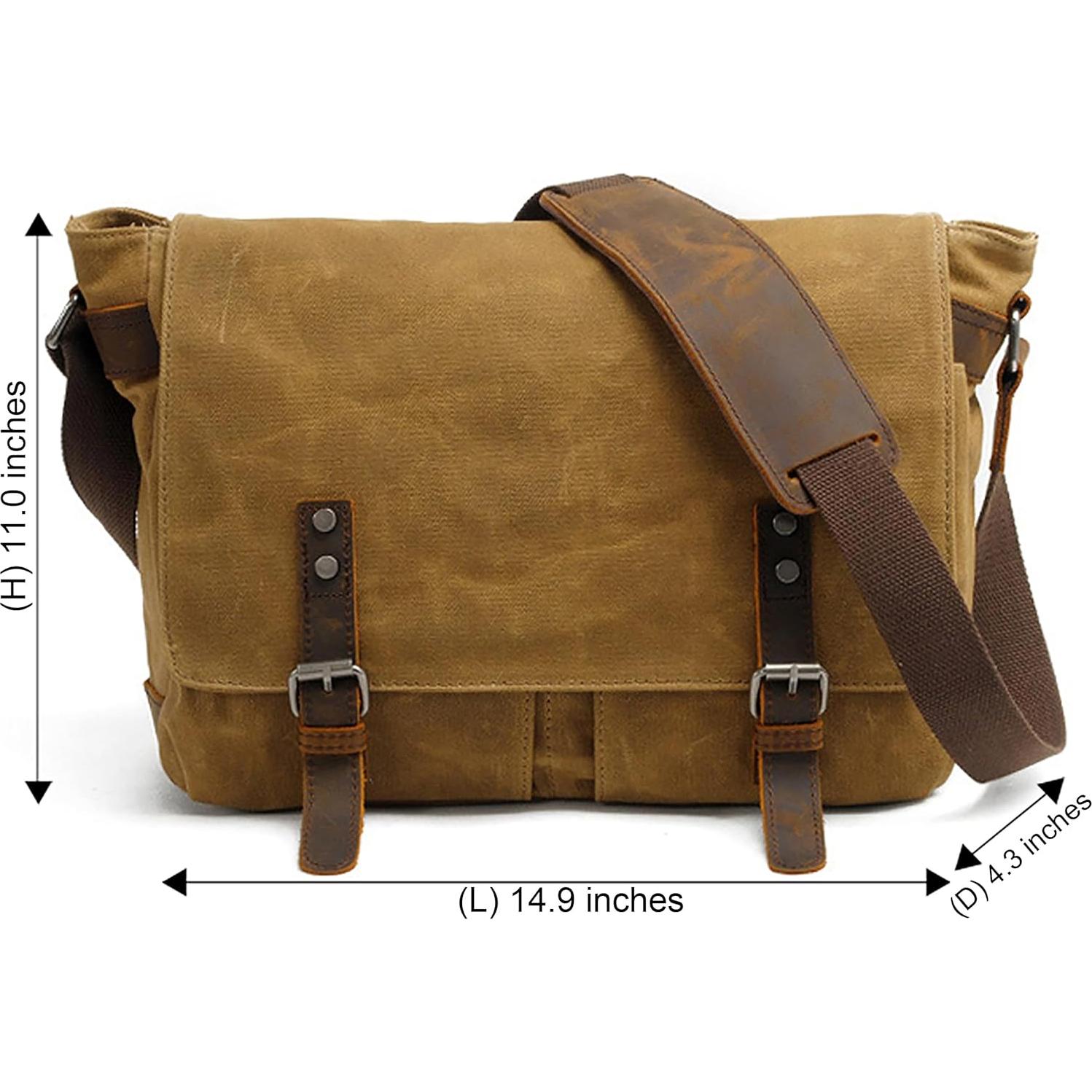 Bolsa Mensajera HuaChen Cuero y Lona 14" Verde Ejercito