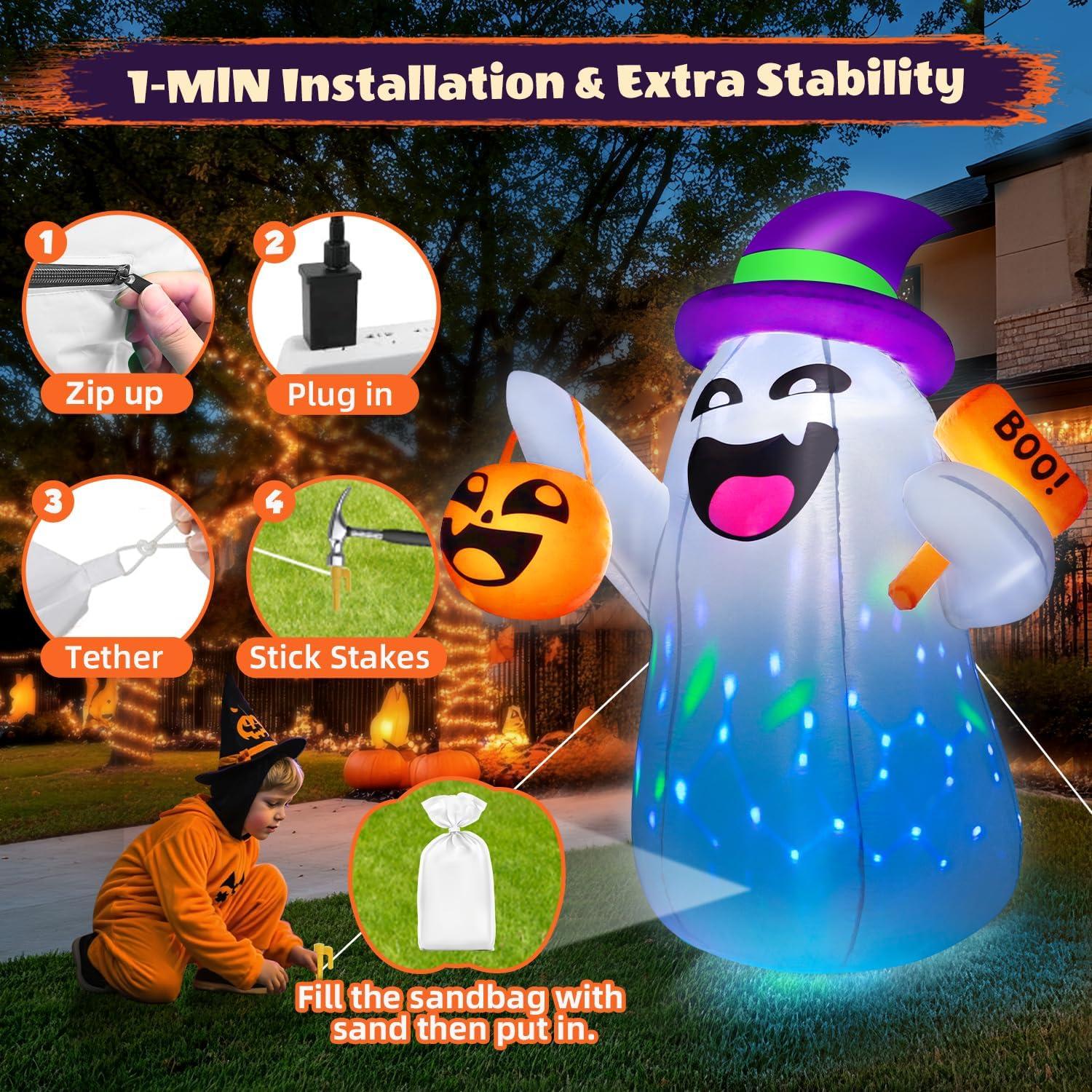 Fantasma Inflable de Halloween 5FT con Luz LED Multicolor Zukakii