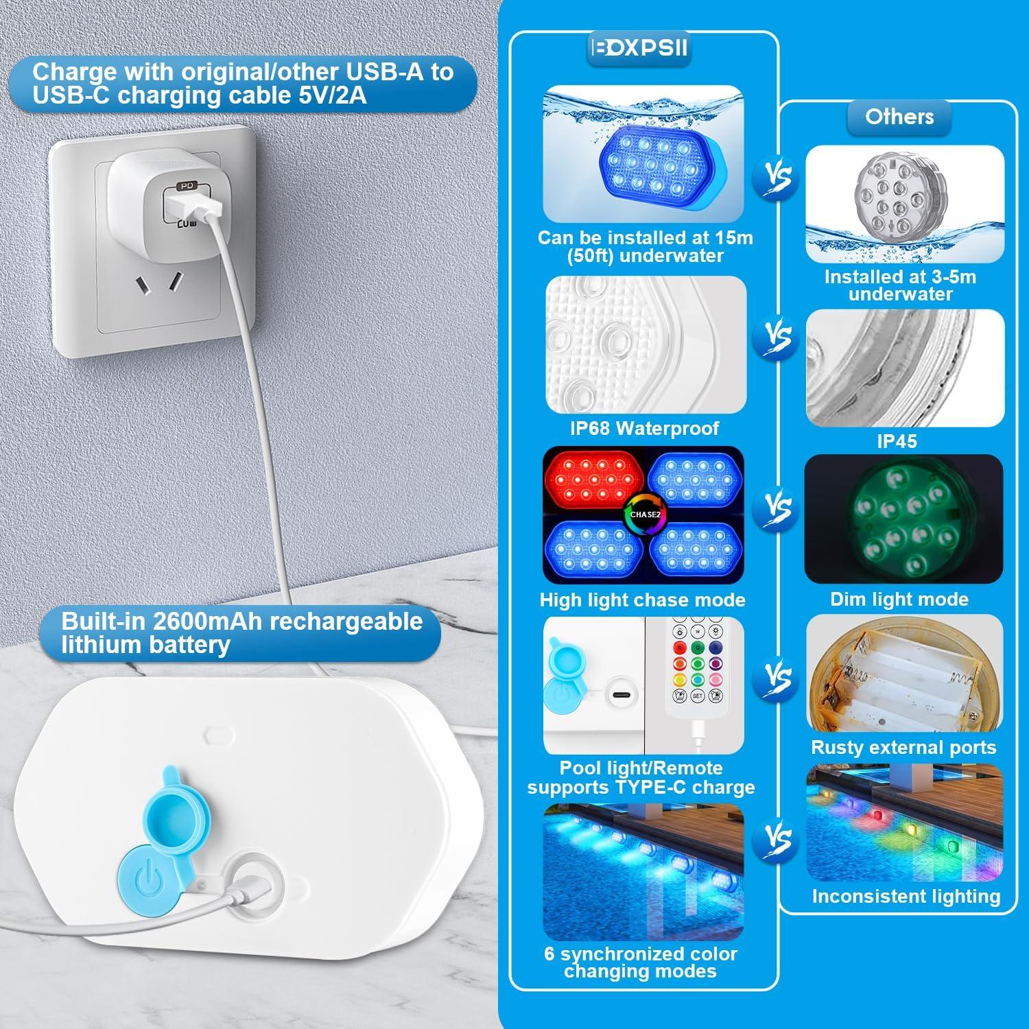 Luces LED sumergibles BOXPSII IP68 recargables 4 unidades