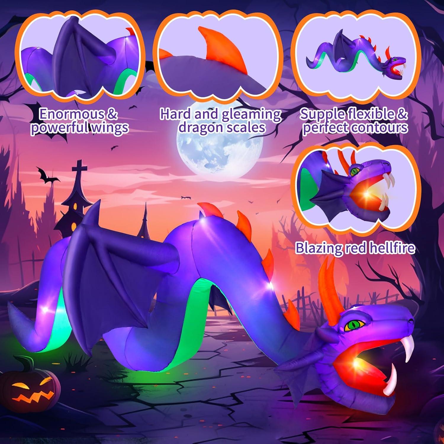 Dragón Inflable Morado de 3.66 m Wothfav con LEDs para Halloween