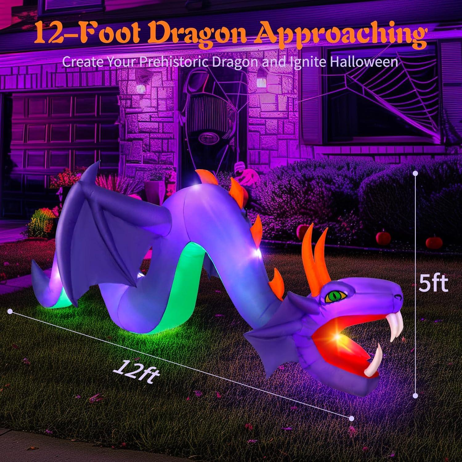 Dragón Inflable Morado de 3.66 m Wothfav con LEDs para Halloween