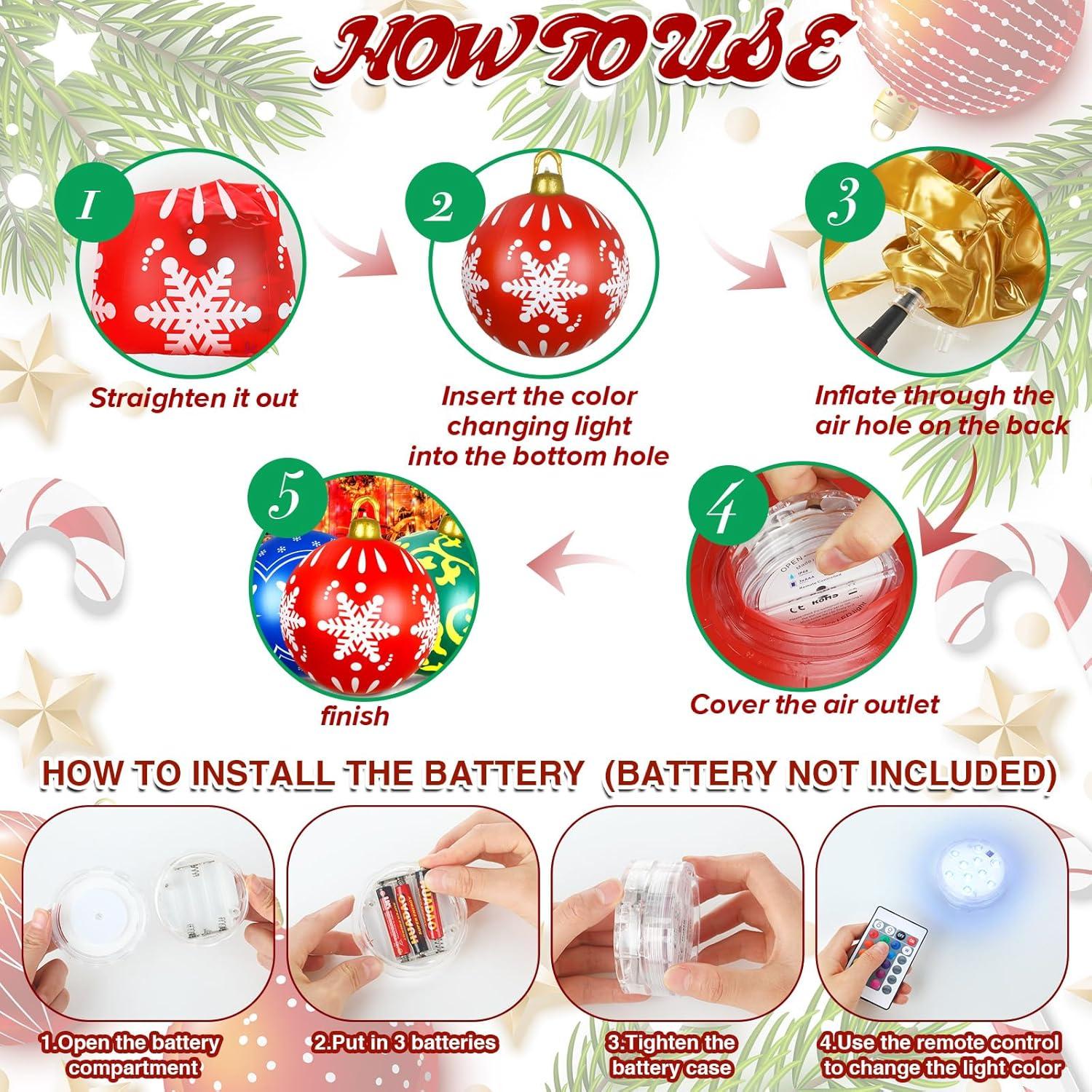 Jetec 3 Pcs Bolas Inflables de Navidad 60 cm Multicolor LED