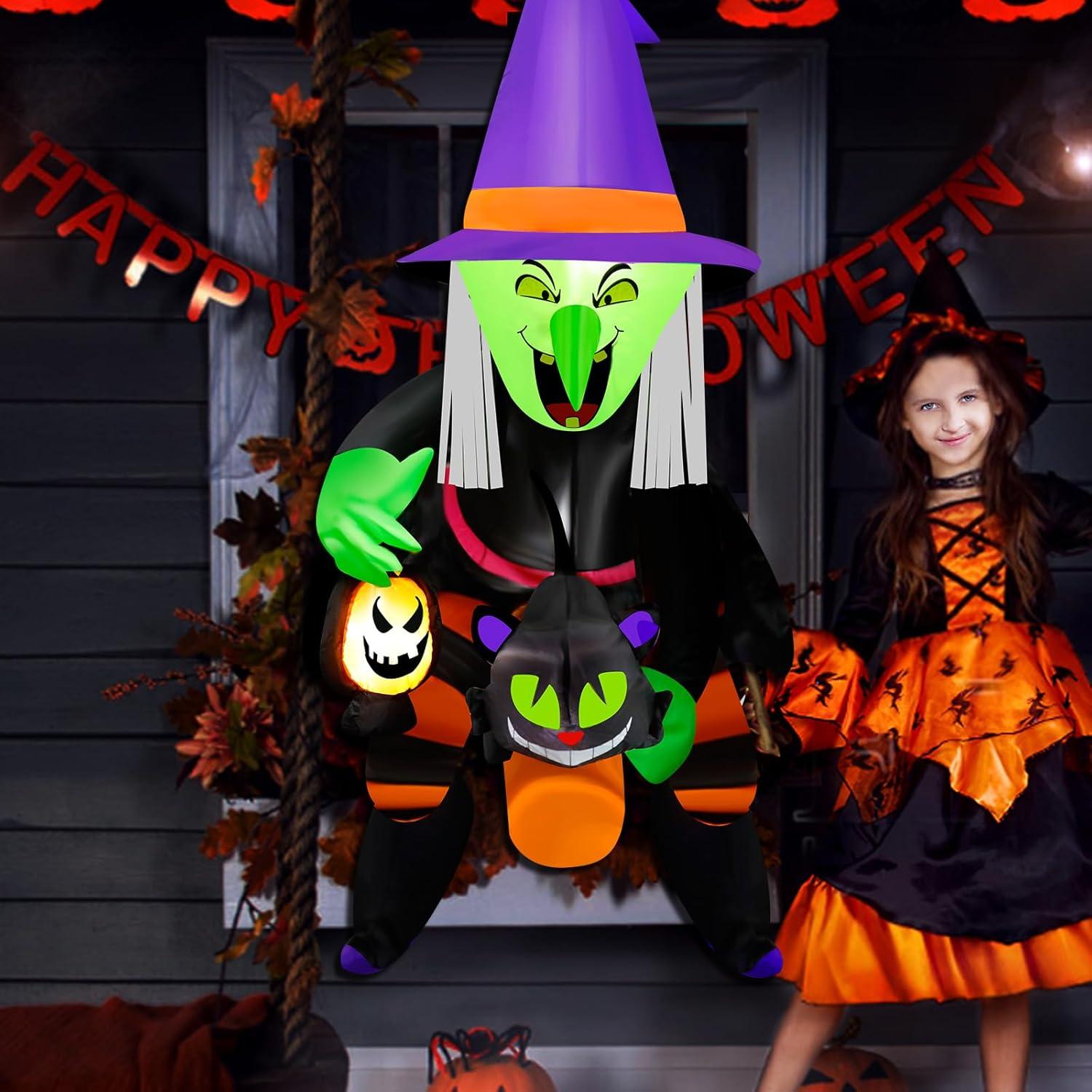 Bruja Inflable de Halloween 4FT Mukum con Luz LED y Gato Negro