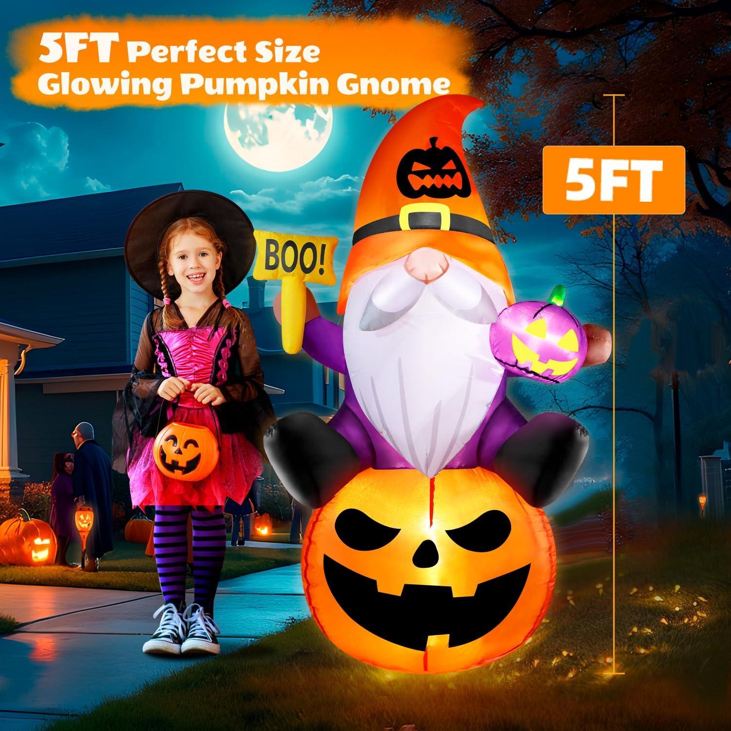 Gnome Inflable de Halloween 5FT con Calabaza y Luces LED