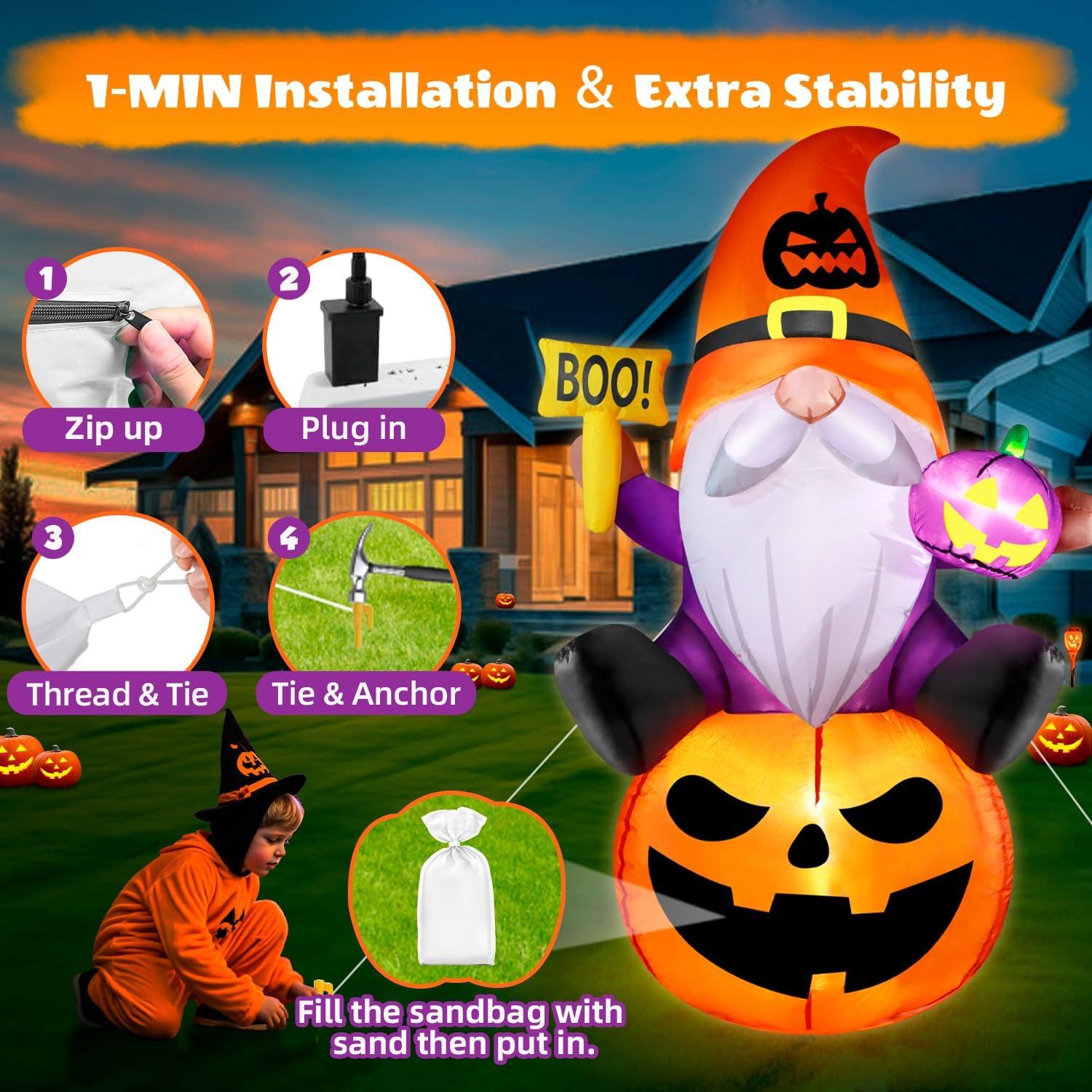 Gnome Inflable de Halloween 5FT con Calabaza y Luces LED