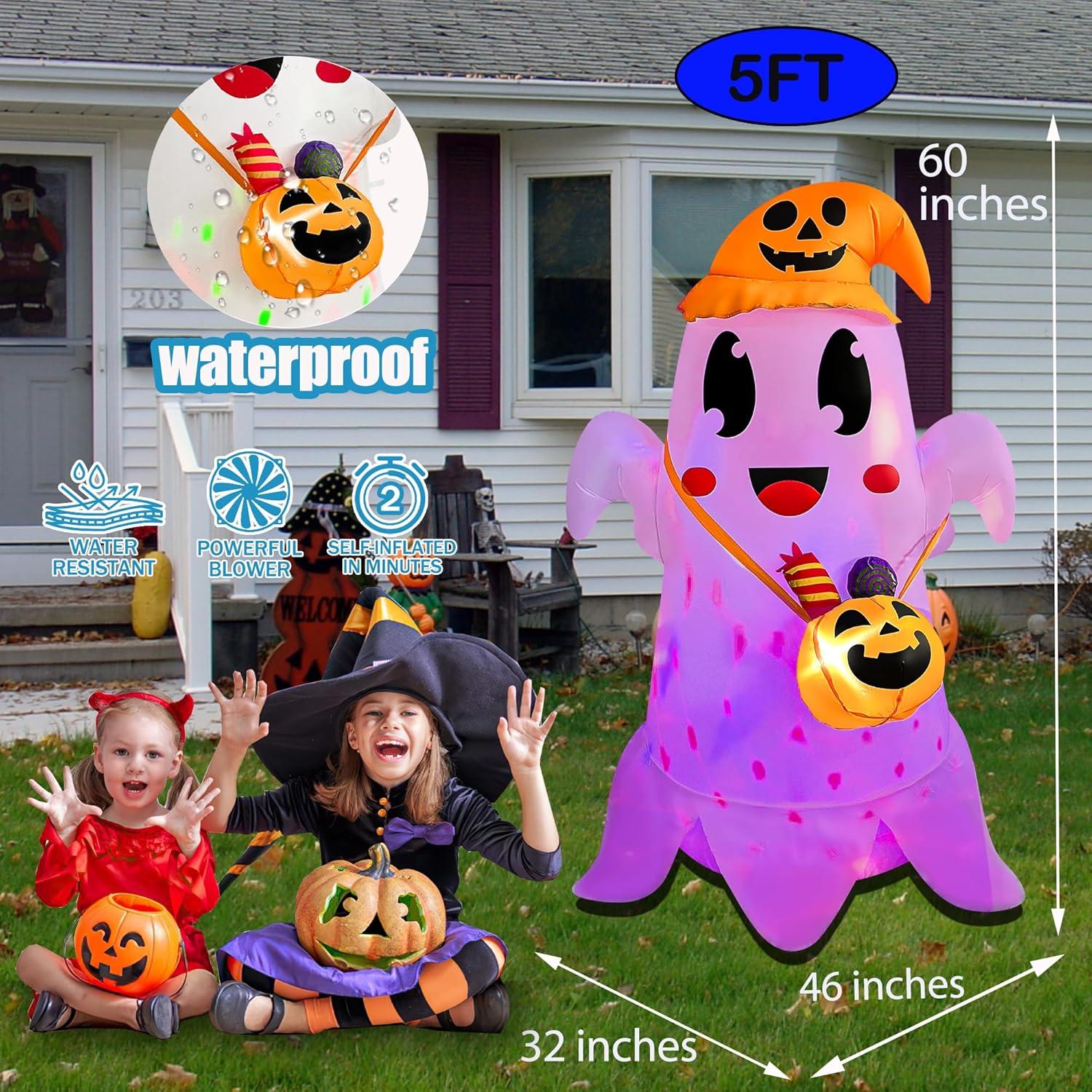 Fantasma Inflable Halloween JOYEASE 1.52m con Sombrero y Dulces