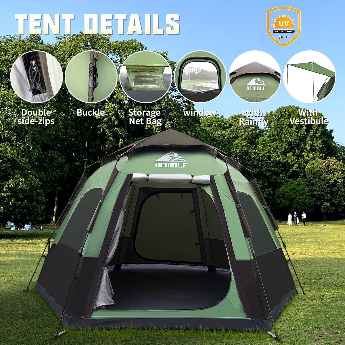 Hewolf 2/3/4 Person Camping Tent - Instant Pop Up Waterproof 2 Doors Tent with Easy Setup | 3-Season Hexagonal Dome Design for Family, Hiking & Traveling