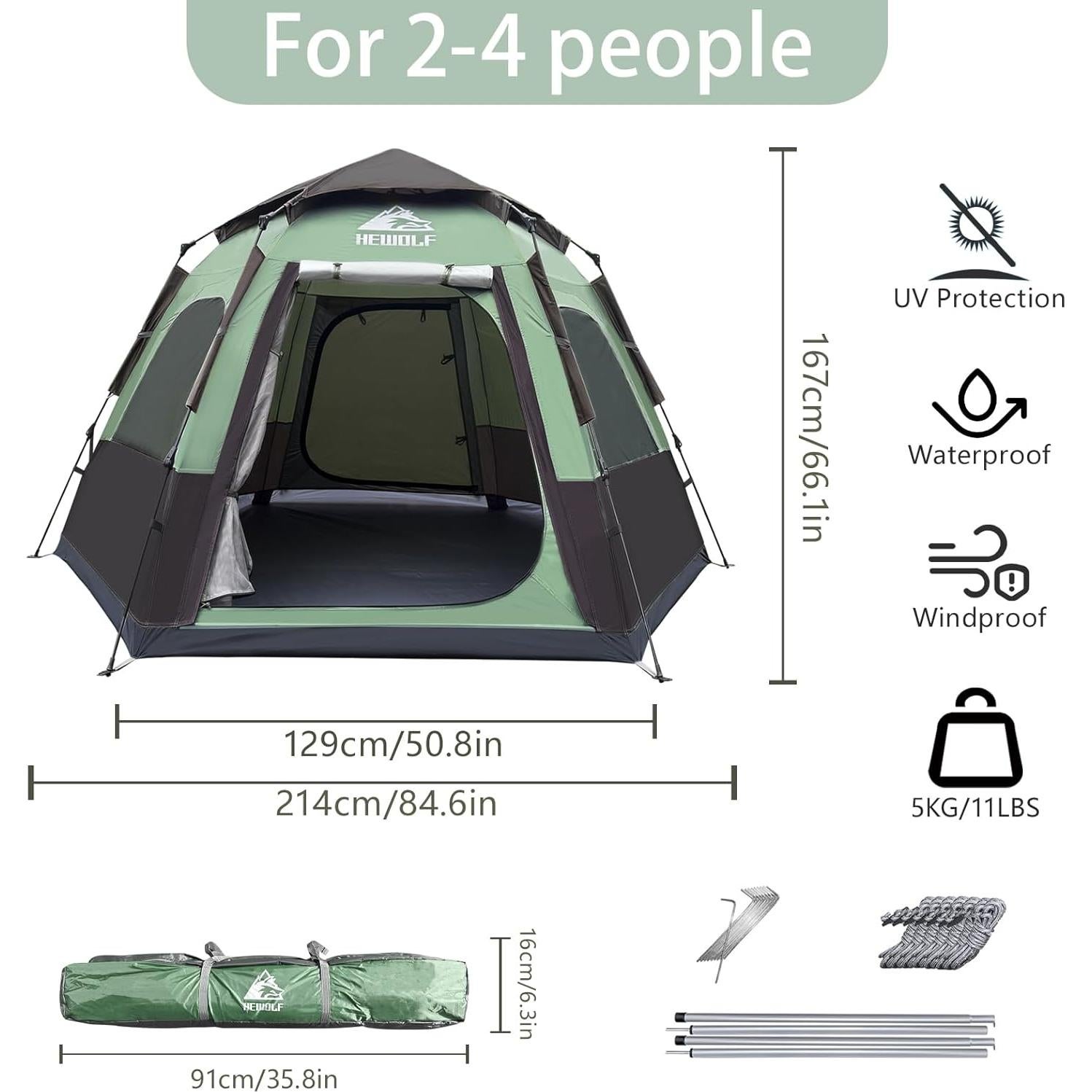 Hewolf 2/3/4 Person Camping Tent - Instant Pop Up Waterproof 2 Doors Tent with Easy Setup | 3-Season Hexagonal Dome Design for Family, Hiking & Traveling