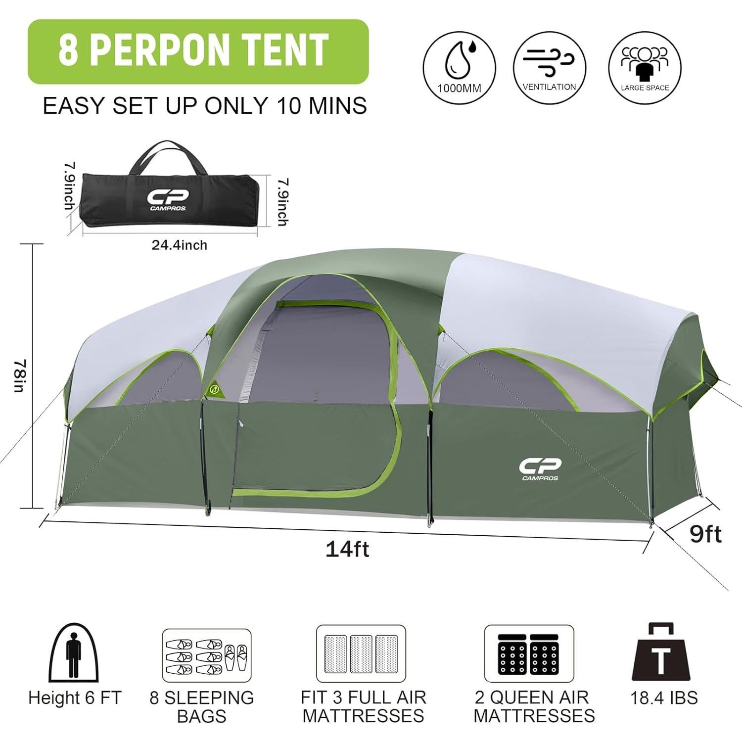 Tienda de Camping CAMPROS CP para 8 Personas Impermeable
