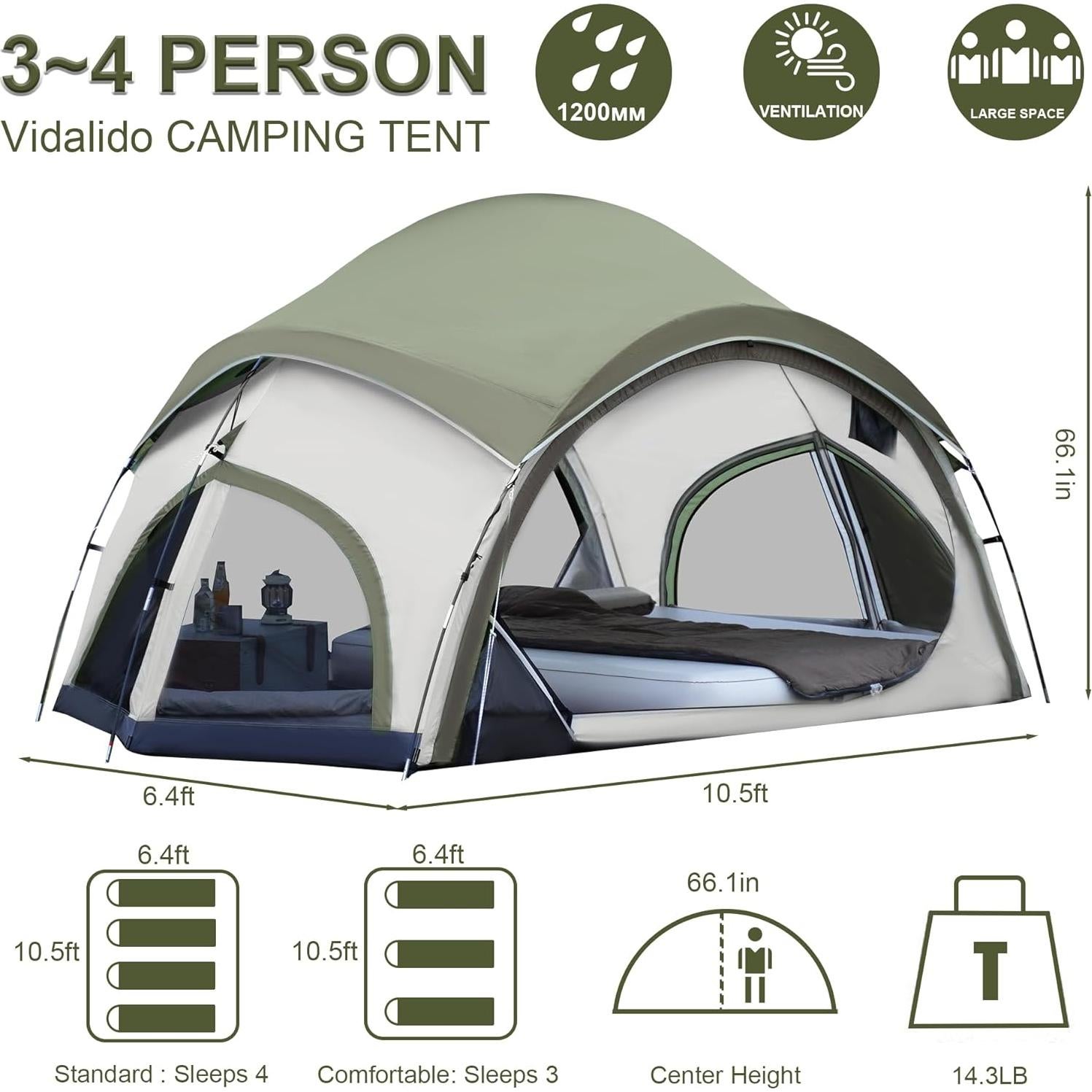 Tienda de Camping Vidalido para 3-4 Personas Impermeable
