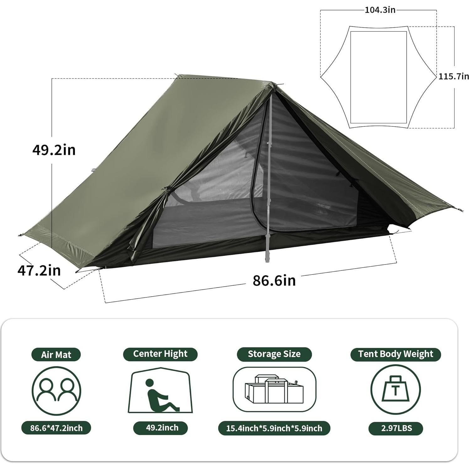 Tienda de Camping Mtenplay TS-2DS para 2 Personas, Ultraligera, Impermeable, Nylon 20D