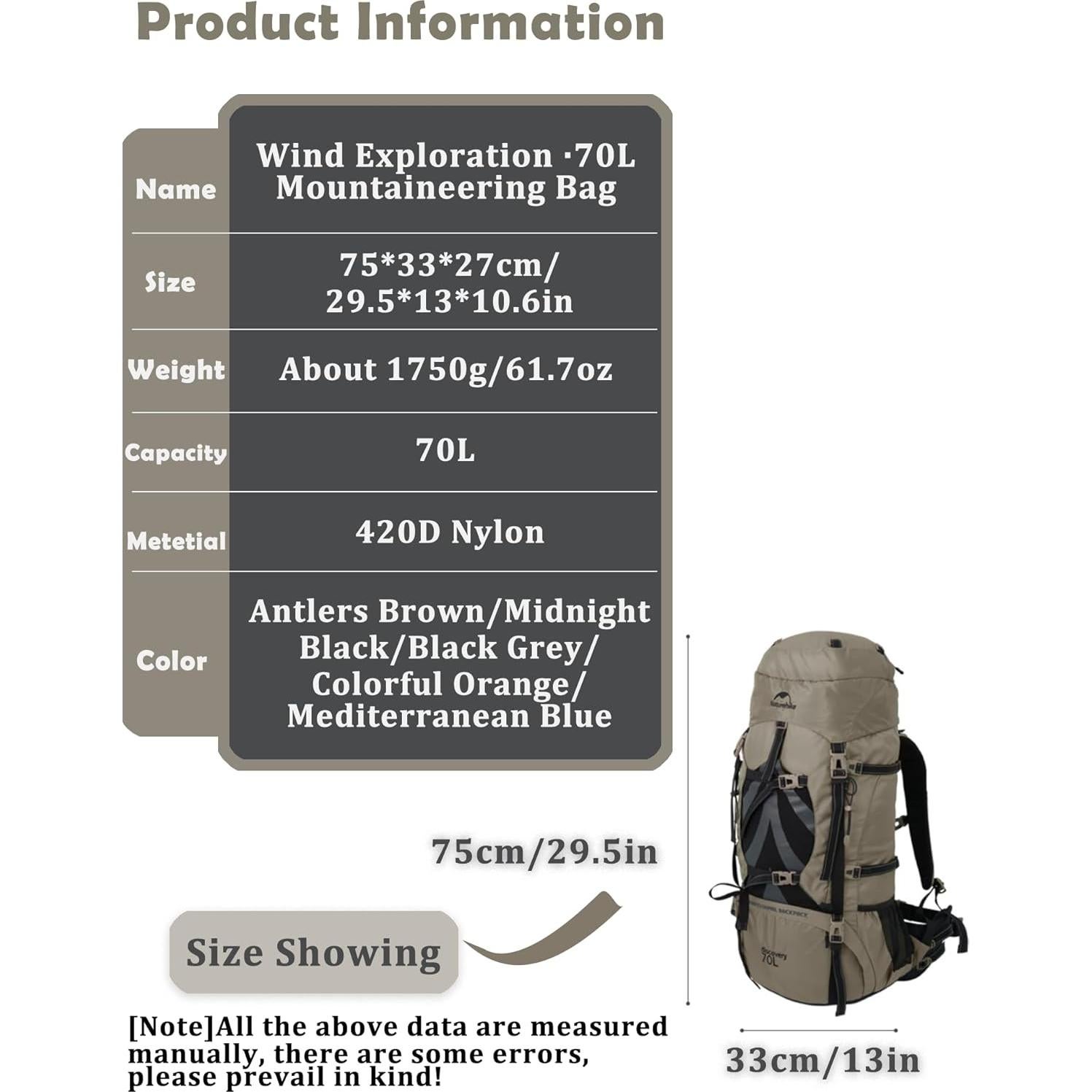 Mochila de Senderismo Naturehike 70+5L Resistente al Agua