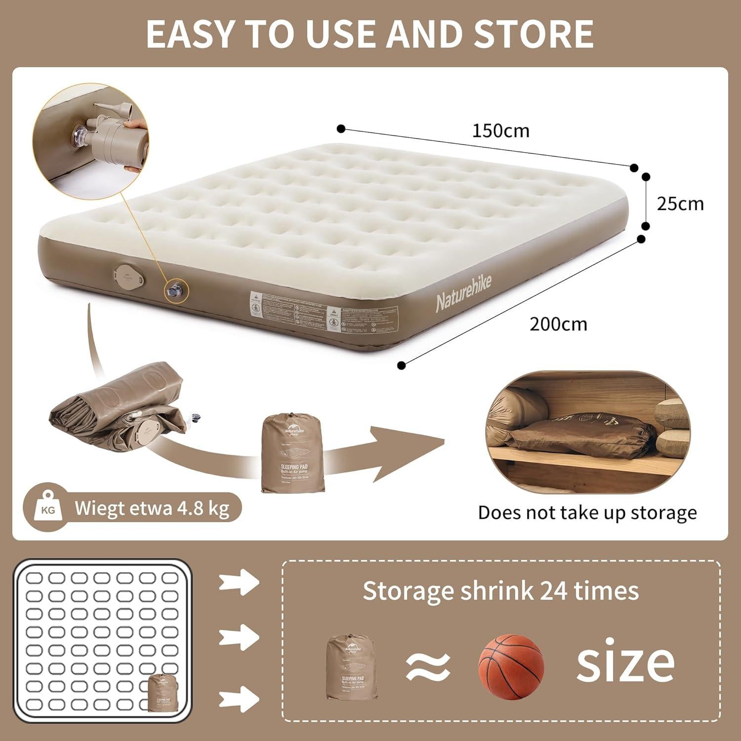 Colchón Inflable King Size Estrecho Naturehike CJ-C25 con Bomba