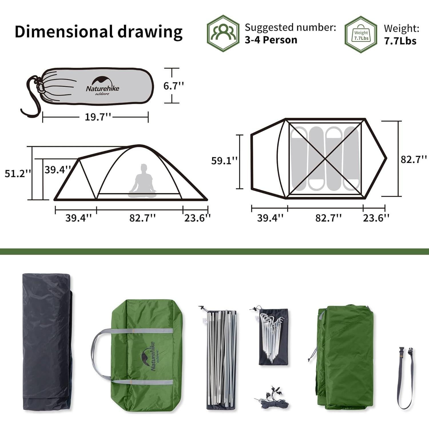 Carpa de Camping Naturehike P-Plus para 4 Personas Impermeable