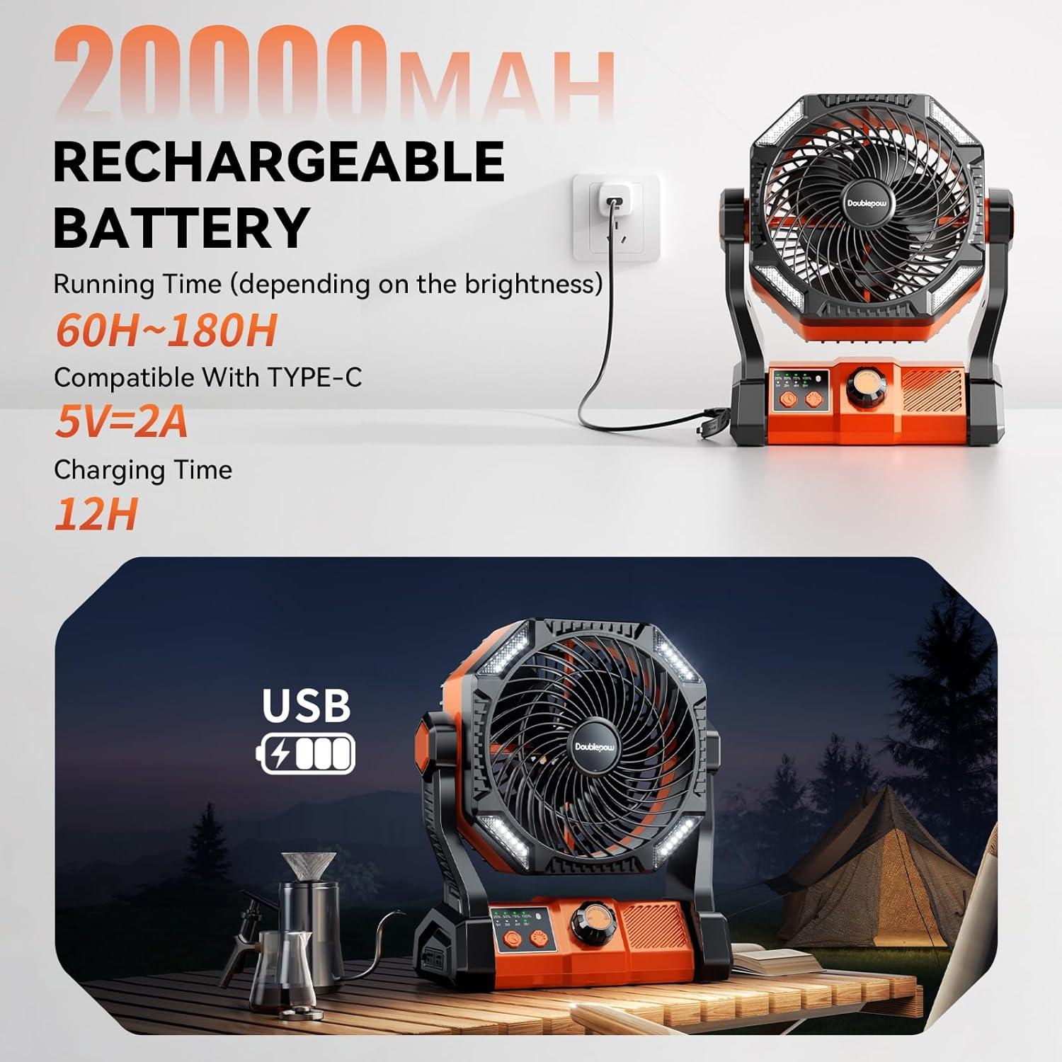Ventilador de Camping Doublepow D23 con Luz LED y Batería 20000mAh