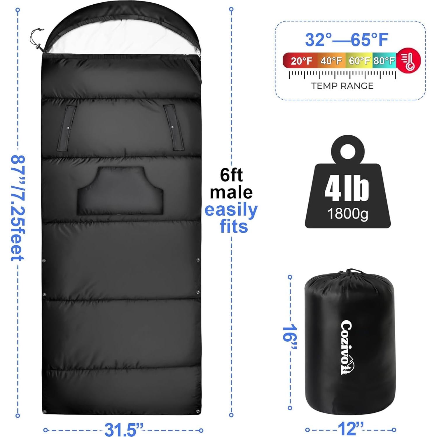Saco de Dormir Cozivo Ajustable 3 Estaciones 220x82.5cm