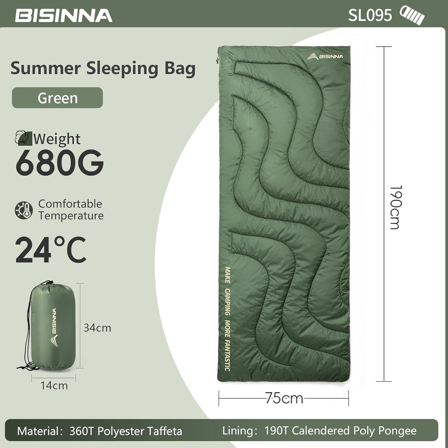 Saco de Dormir Ultraligero BISINNA SL095 190x75cm Verde