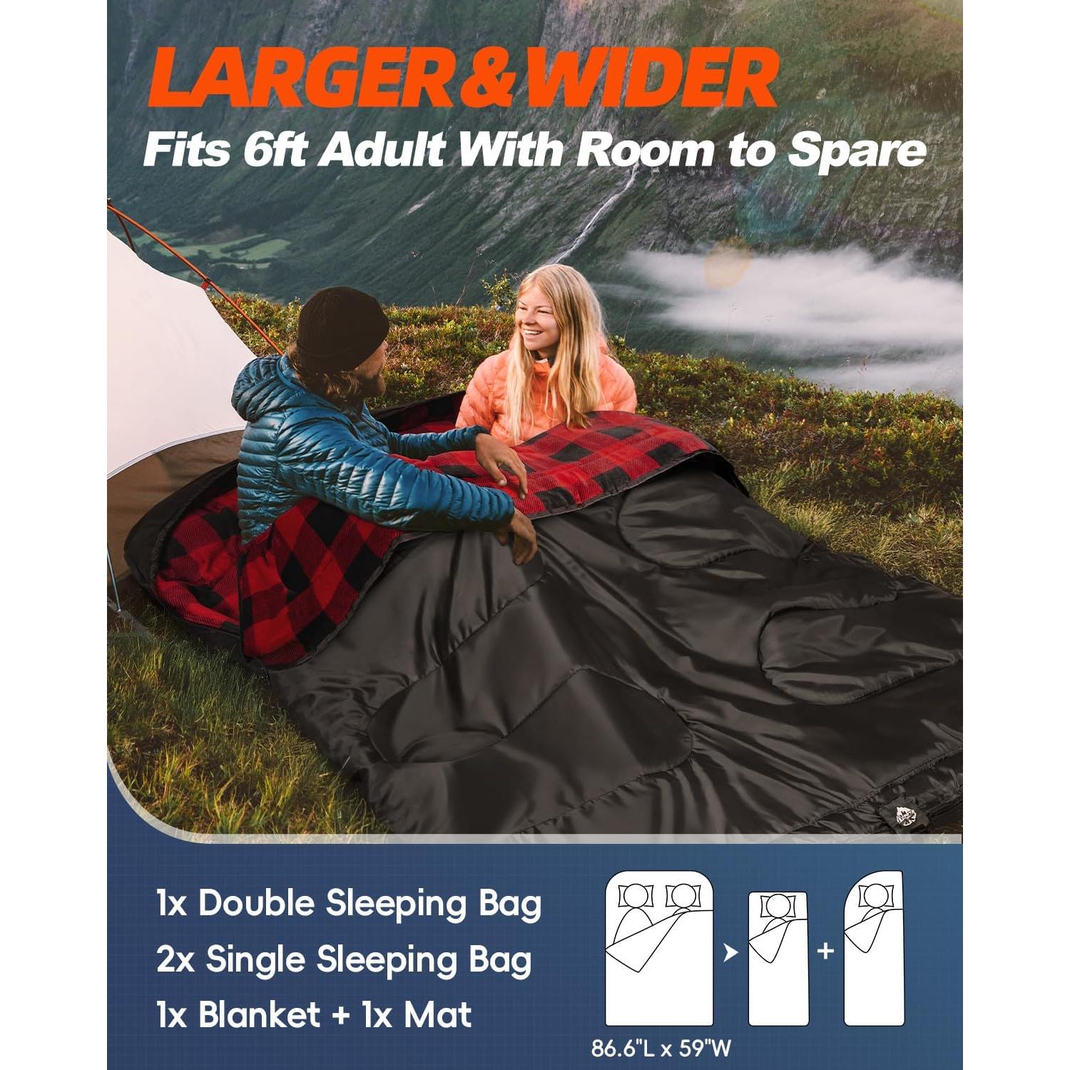 Saco de Dormir Doble MEREZA Franela XL 220x150 cm para Camping