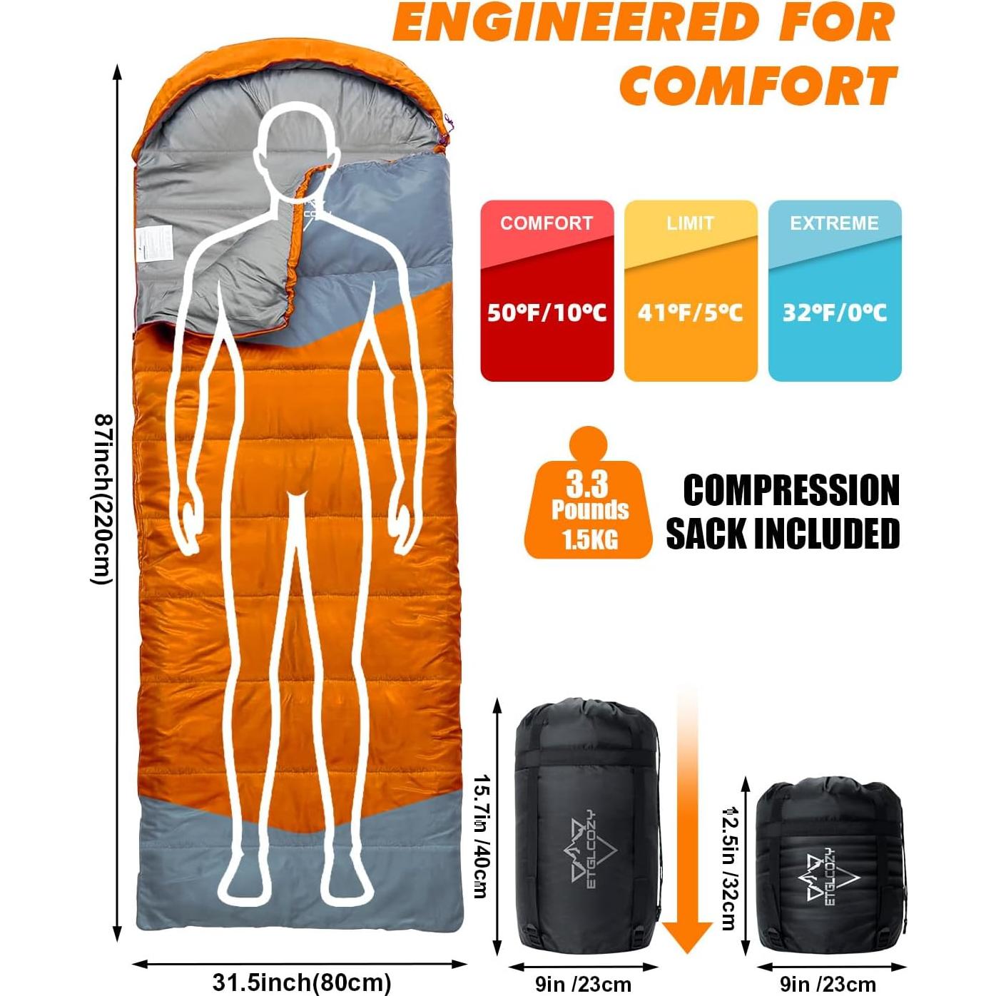 Saco de dormir ETGLCOZY 3 temporadas 220x80cm ligero naranja