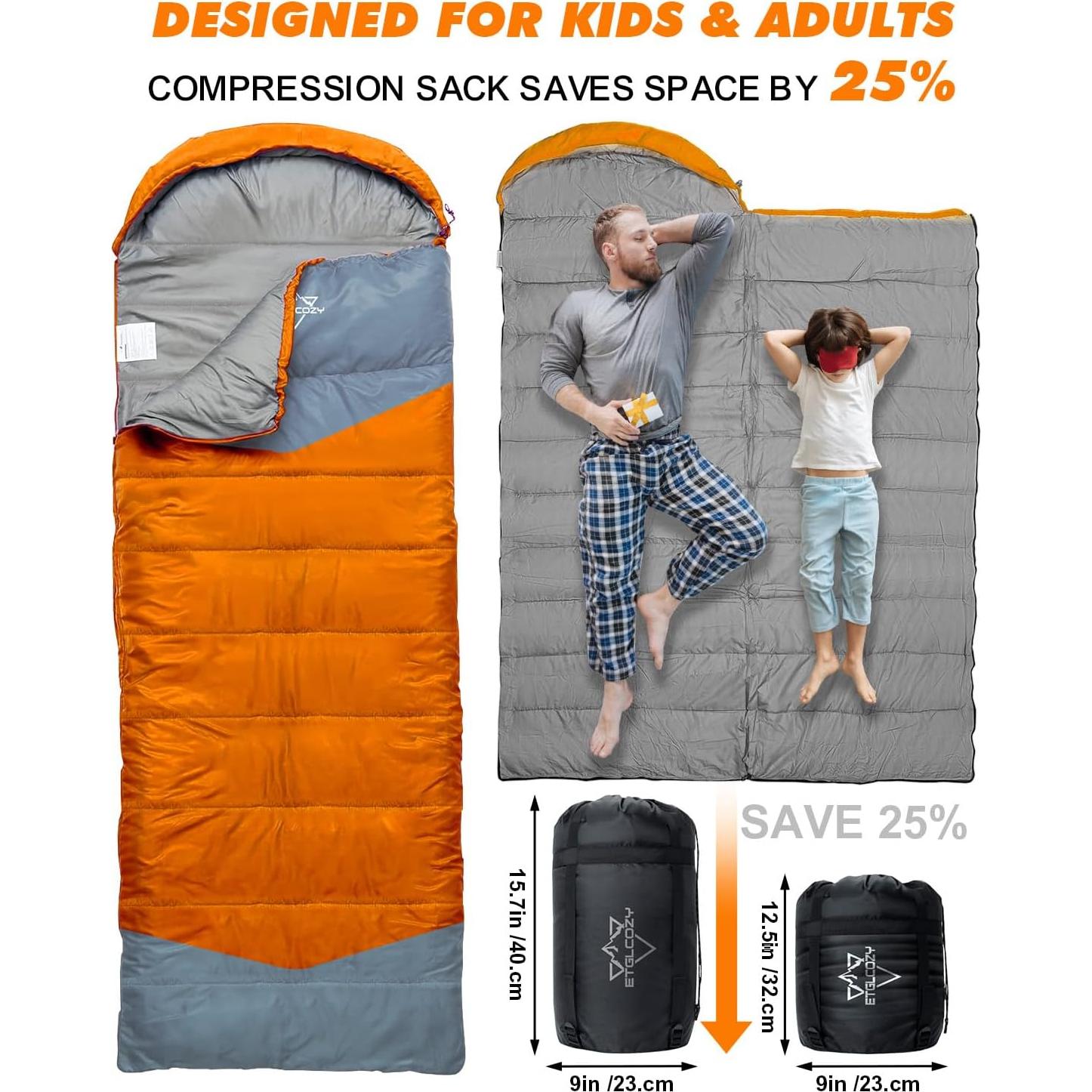 Saco de dormir ETGLCOZY 3 temporadas 220x80cm ligero naranja