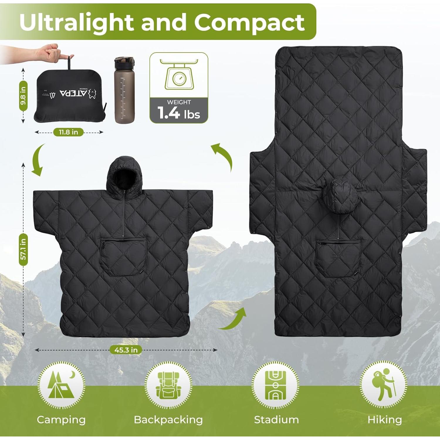 Saco de Dormir Usable ATEPA 3 en 1 Negro - Manta y Poncho