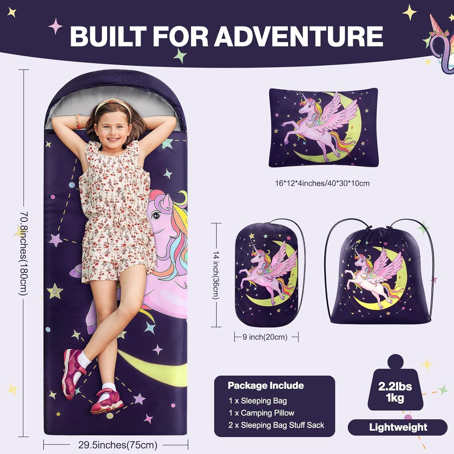 Saco de dormir infantil ETGLCOZY Unicornio 180x74 cm con almohada