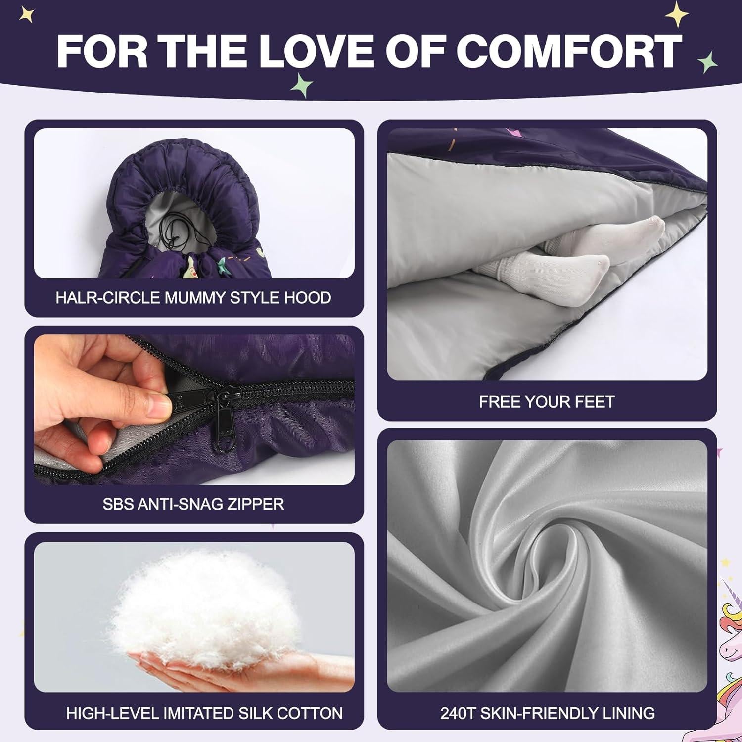 Saco de dormir infantil ETGLCOZY Unicornio 180x74 cm con almohada