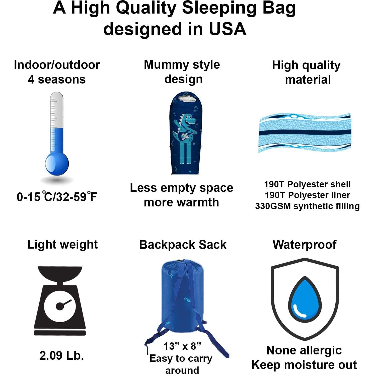 Saco de dormir momia ajustable ANJ Outdoors 0-15°C niños