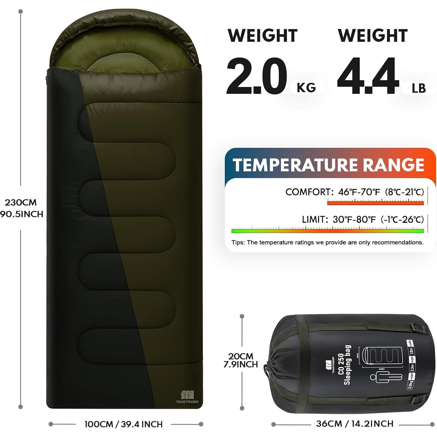 Saco de Dormir XXL TANSTRIDER 0°C Camping Adultos Verde