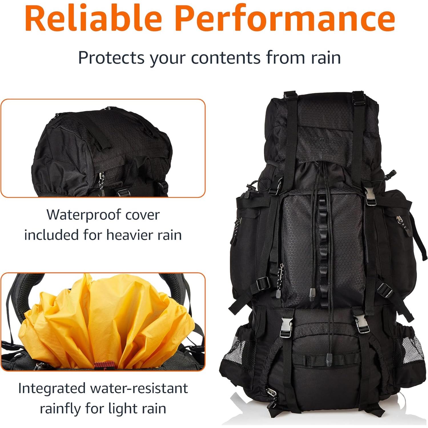 Mochila de Senderismo Amazon Basics 75L con Cubierta de Lluvia