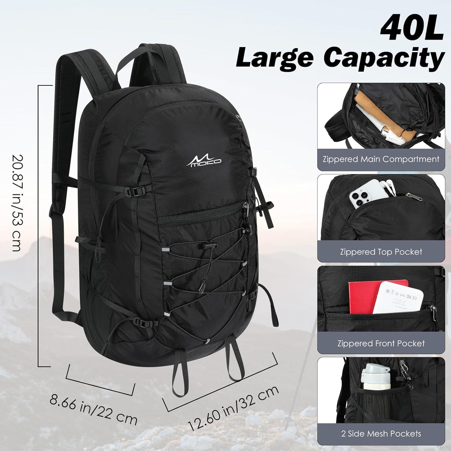 Mochila de Senderismo MoKo 40L Resistente al Desgarro Negra