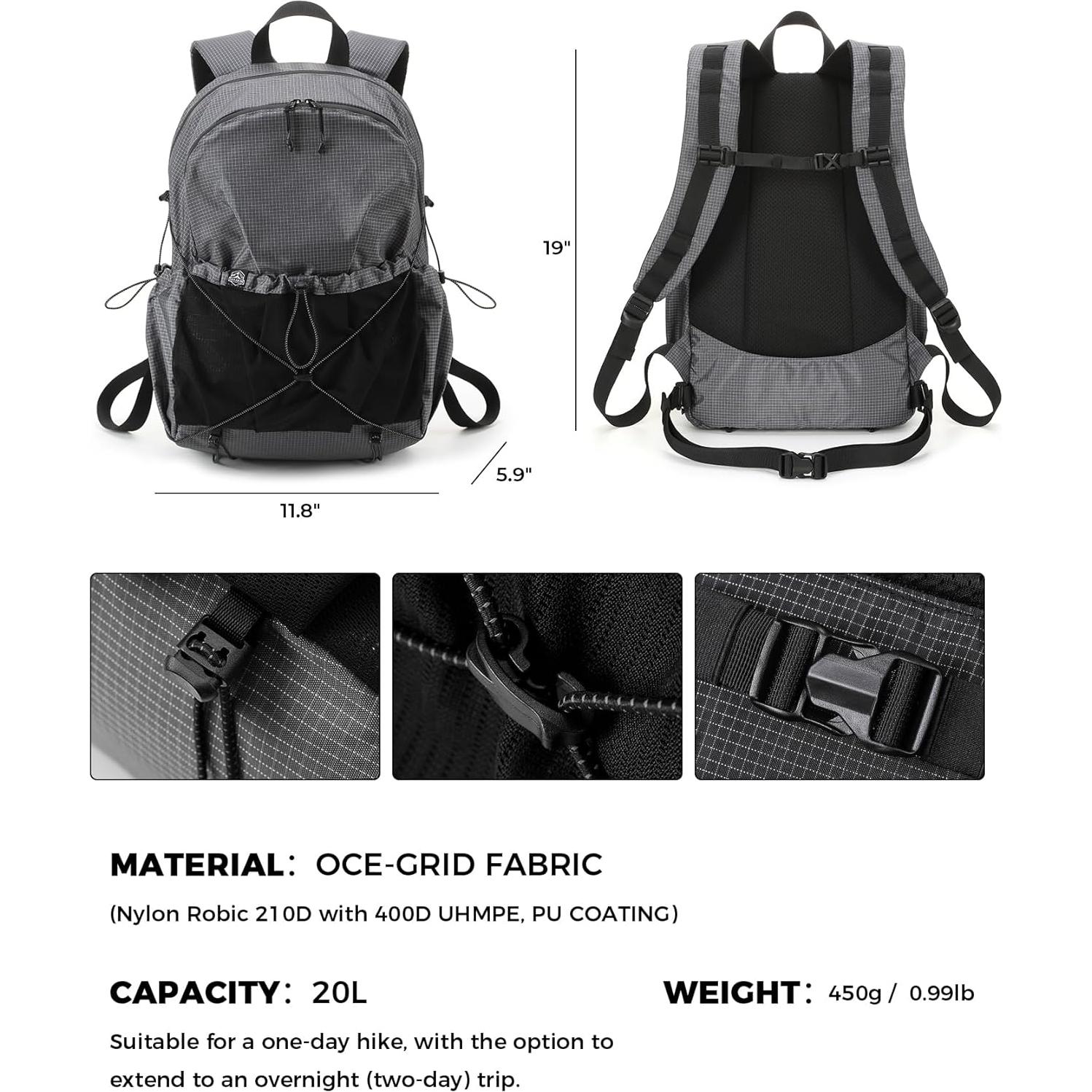 Mochila de Senderismo 20L Impermeable Gris Unisex