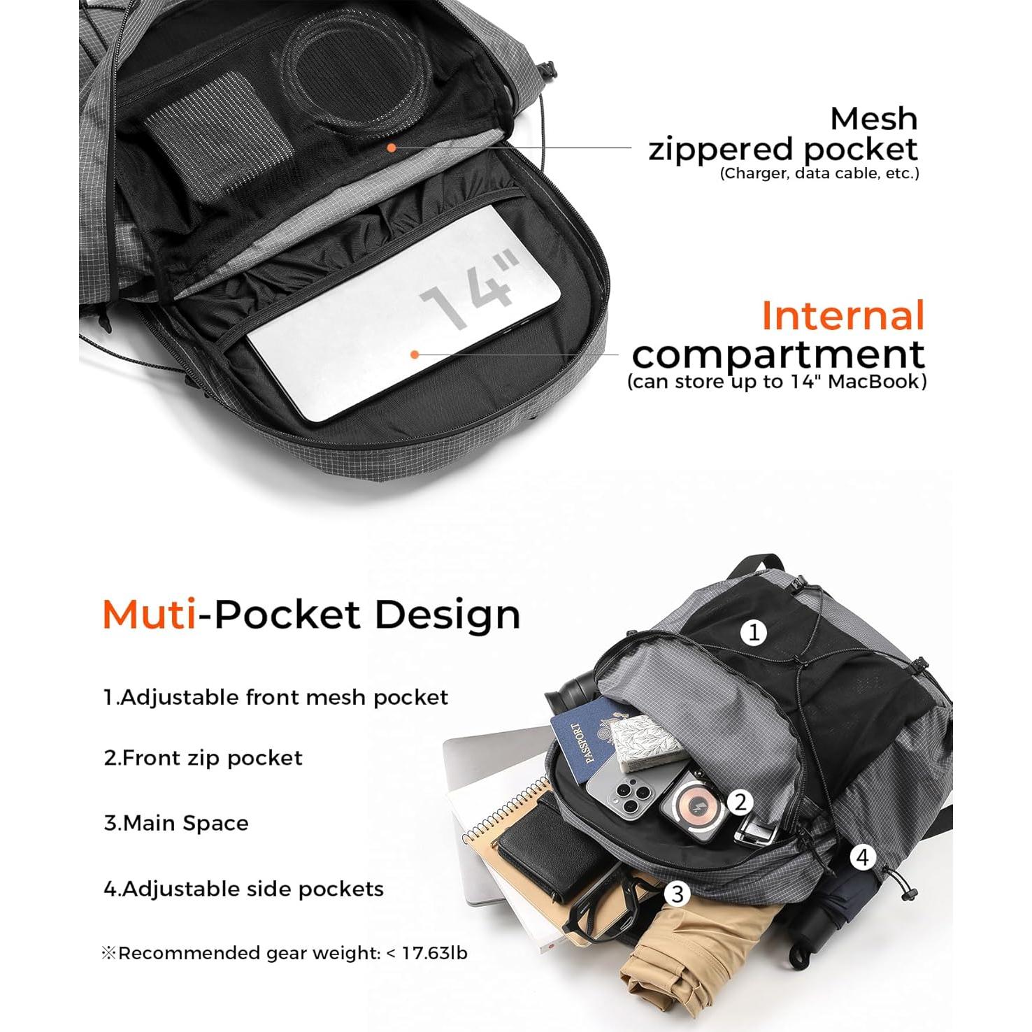 Mochila de Senderismo 20L Impermeable Gris Unisex