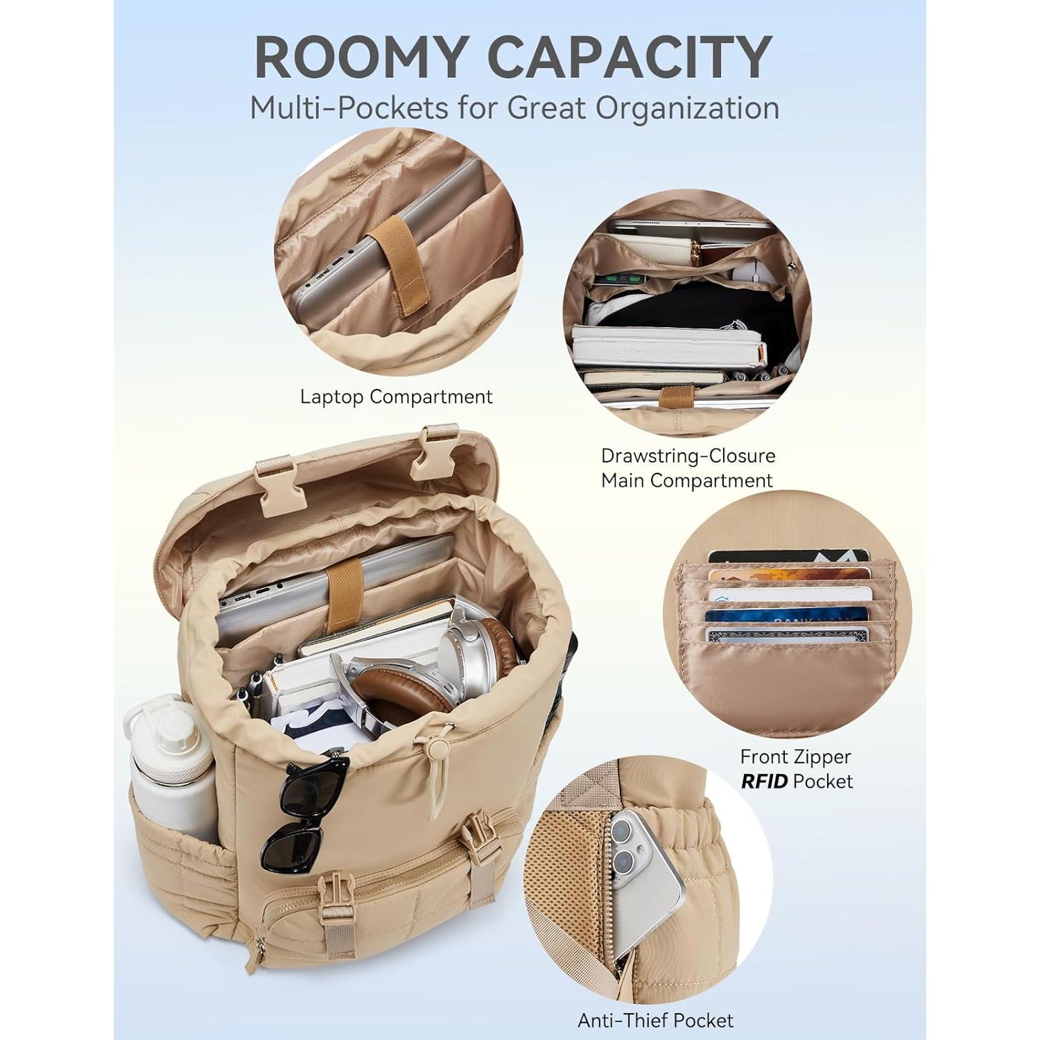 Mochila Puffer BOSTANTEN para Mujeres 15.6" Acolchada Caqui