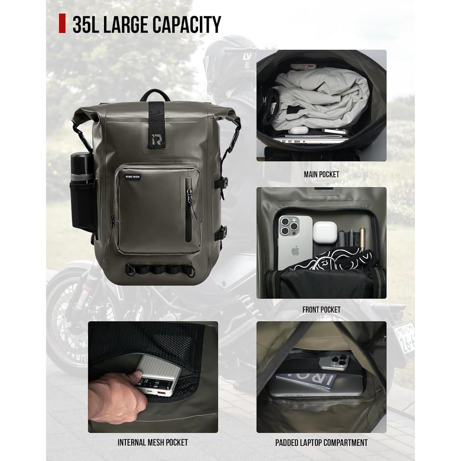 Mochila Impermeable RIDEIRON 35L Oliva para Motocicleta y Kayak