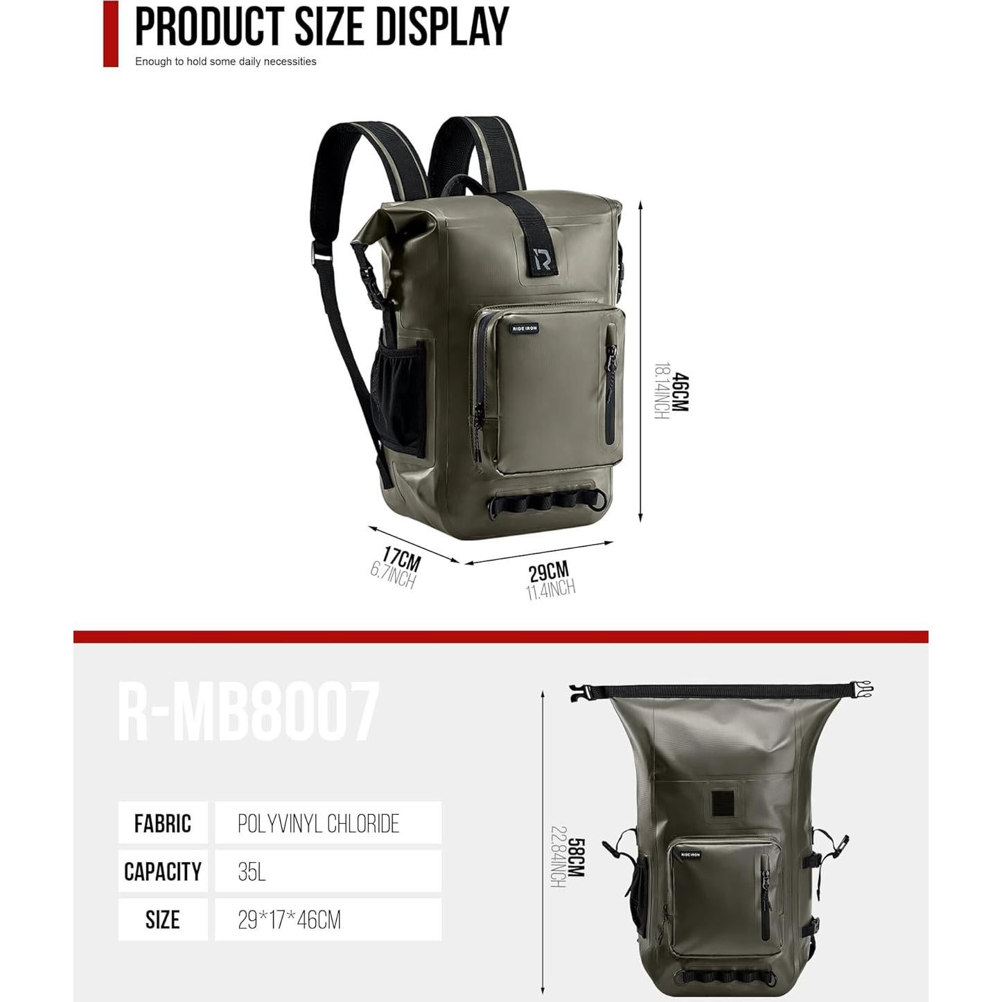 Mochila Impermeable RIDEIRON 35L Oliva para Motocicleta y Kayak