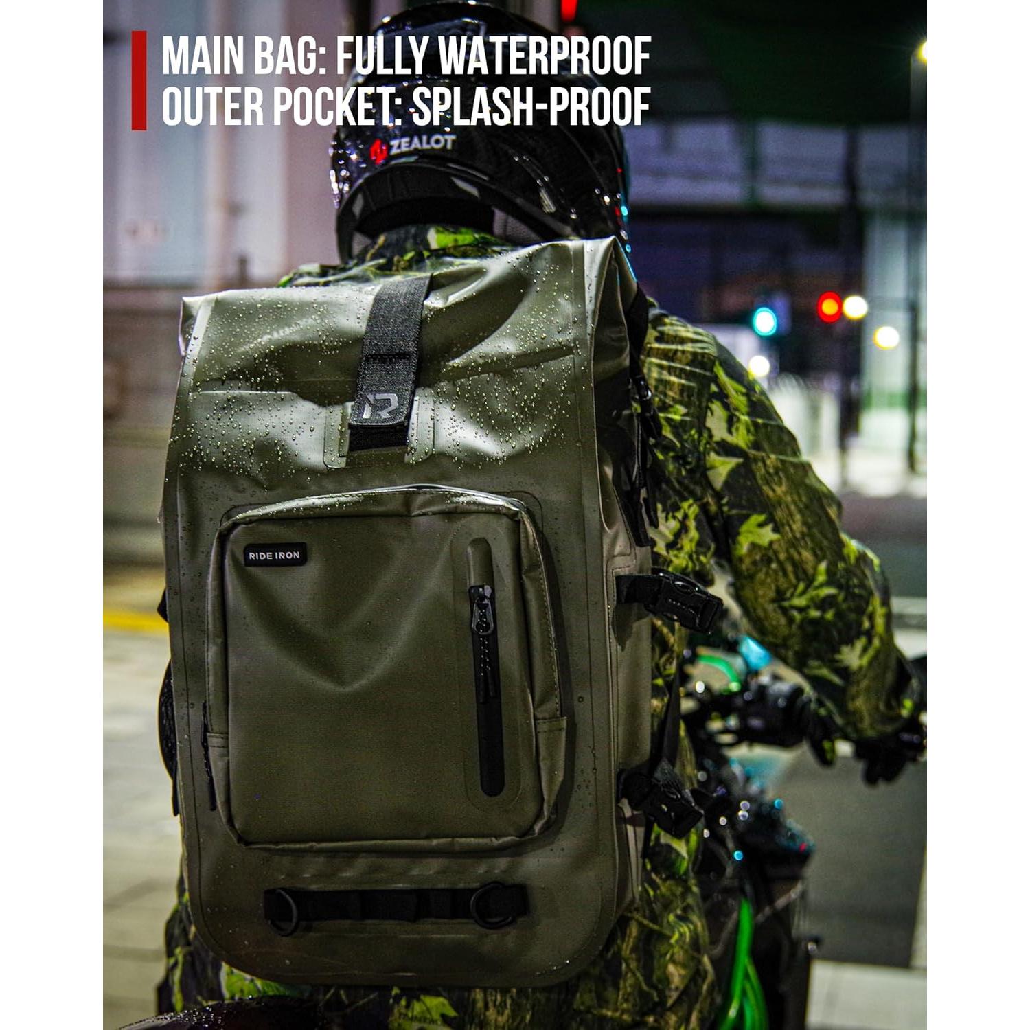Mochila Impermeable RIDEIRON 35L Oliva para Motocicleta y Kayak