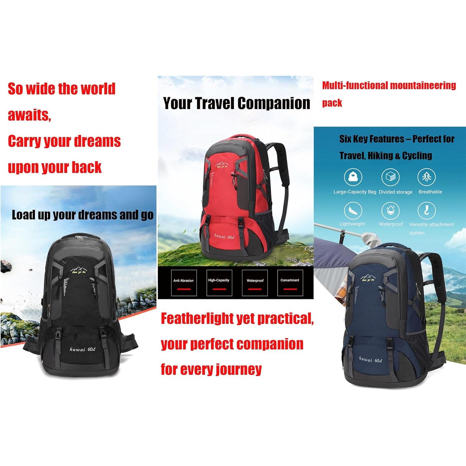 Mochila de Senderismo PRYZALO 60L Impermeable Unisex Negra