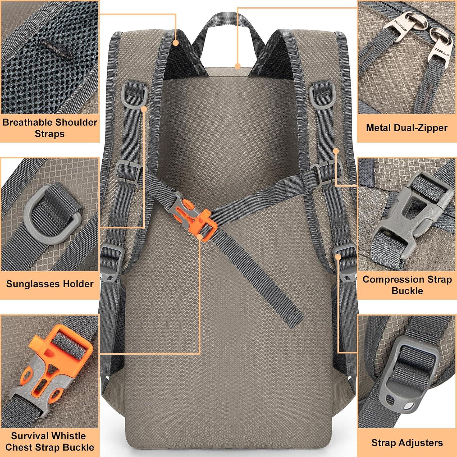 Mochila de Senderismo TOMULE 25L Impermeable Unisex Gris