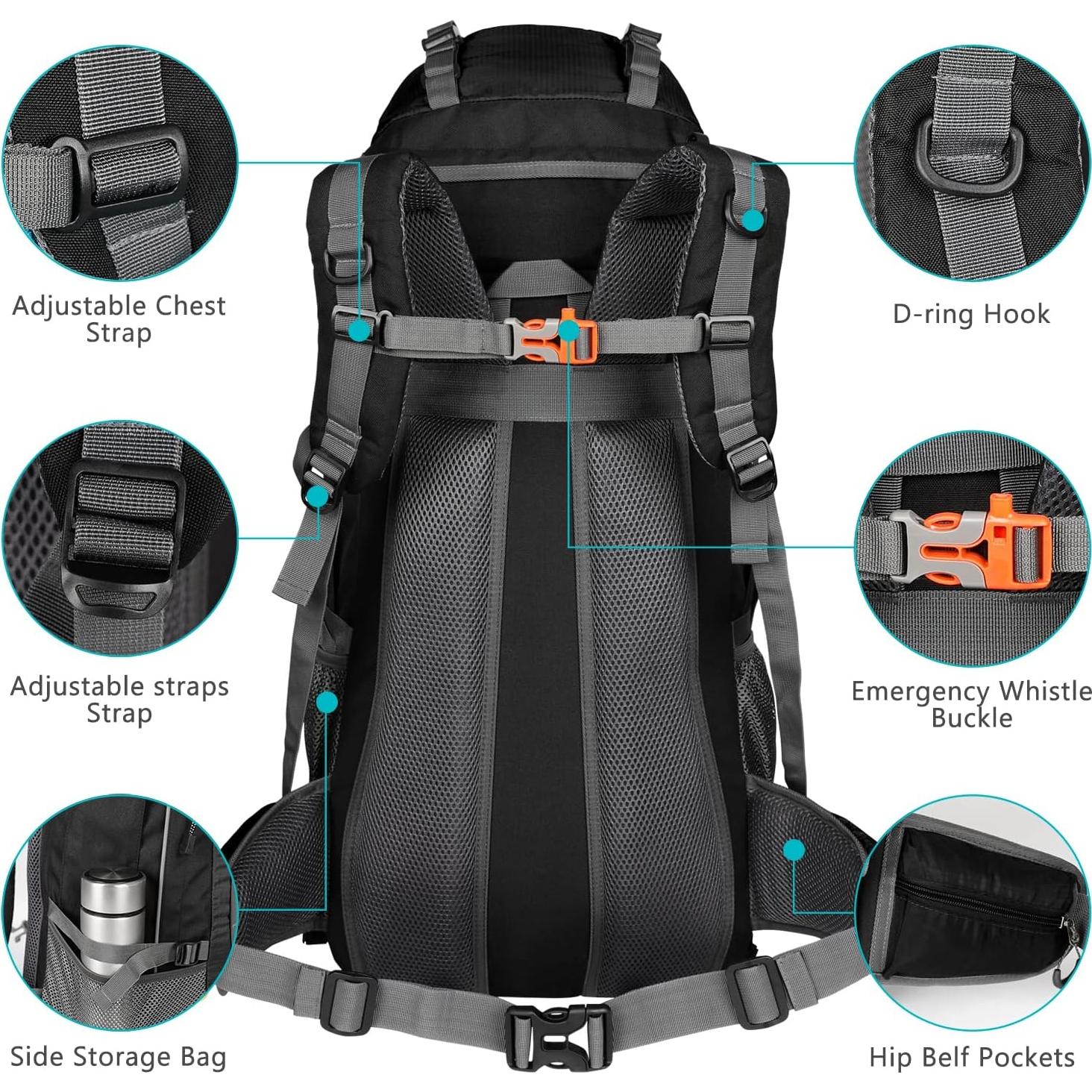 Mochila de Senderismo Esup 70L con Funda de Lluvia Negra