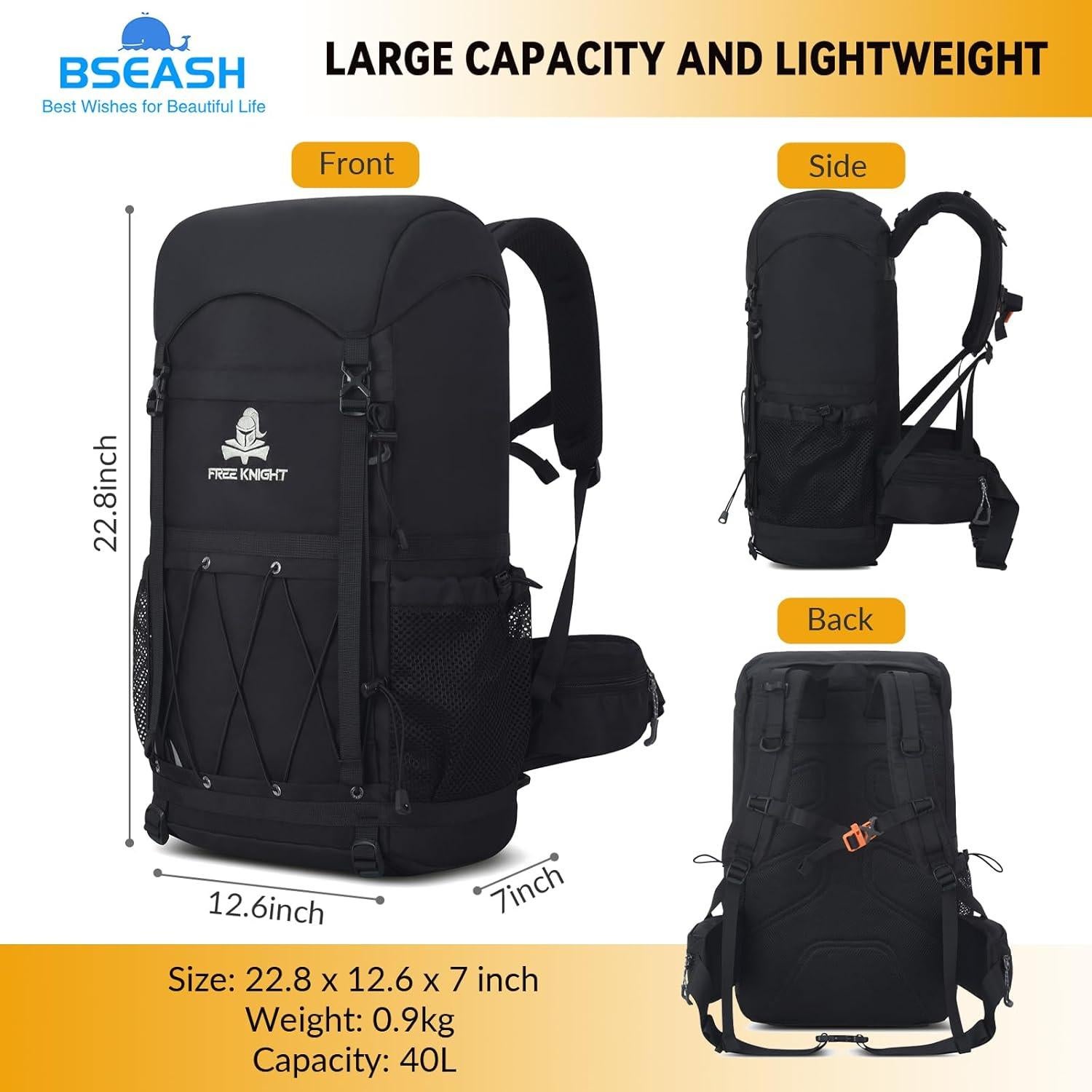 Mochila de Senderismo Bseash 40L Impermeable con Cubierta