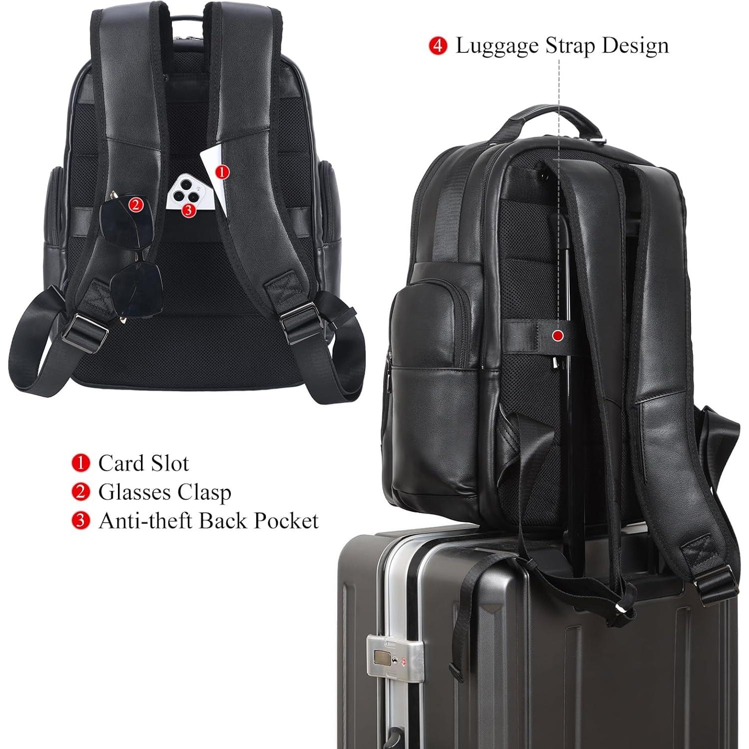 Mochila de Cuero TIDING para Laptop 15.6" Negra Gran Capacidad